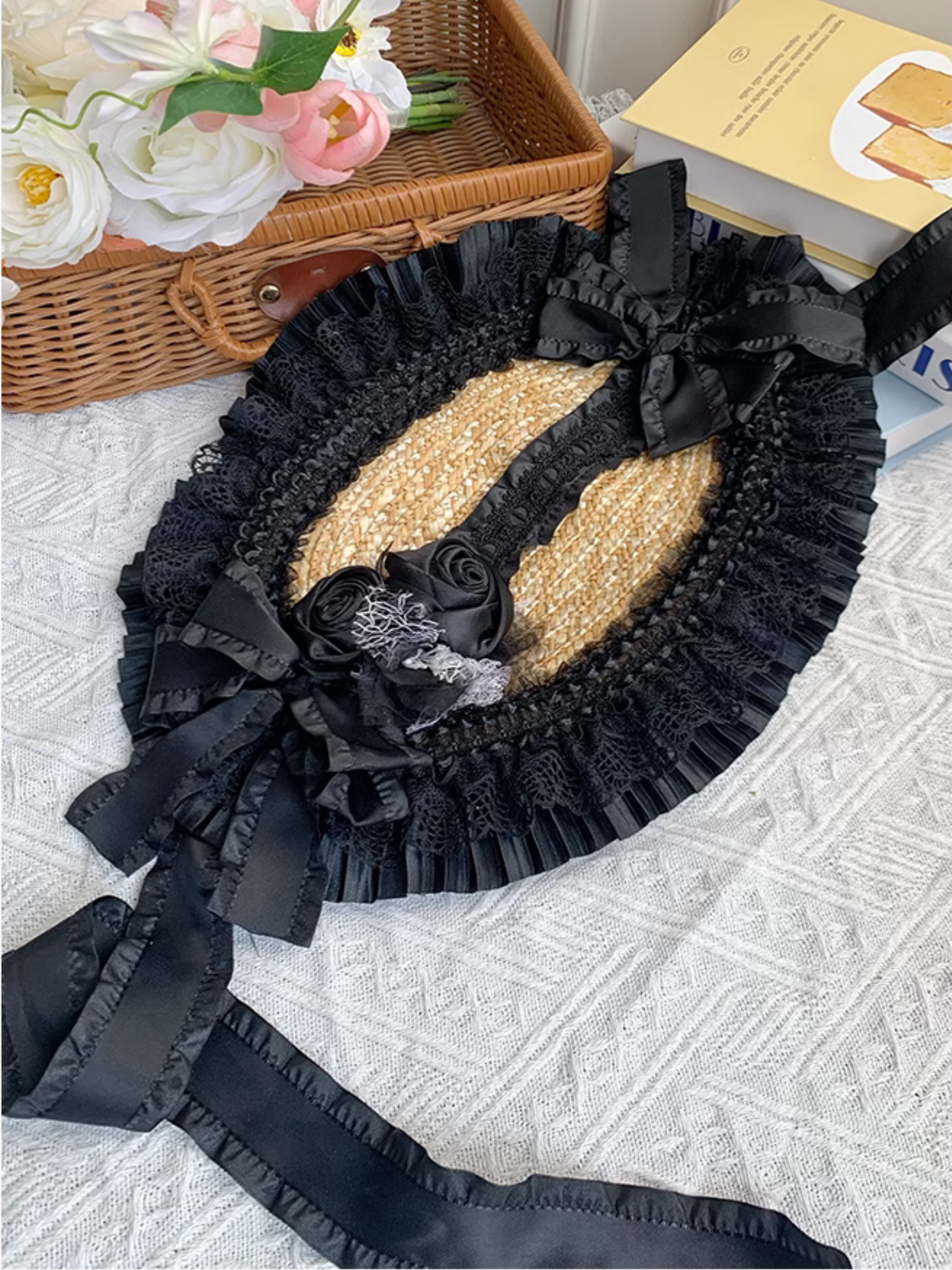 Straw hat bonnet with roses and ribbons