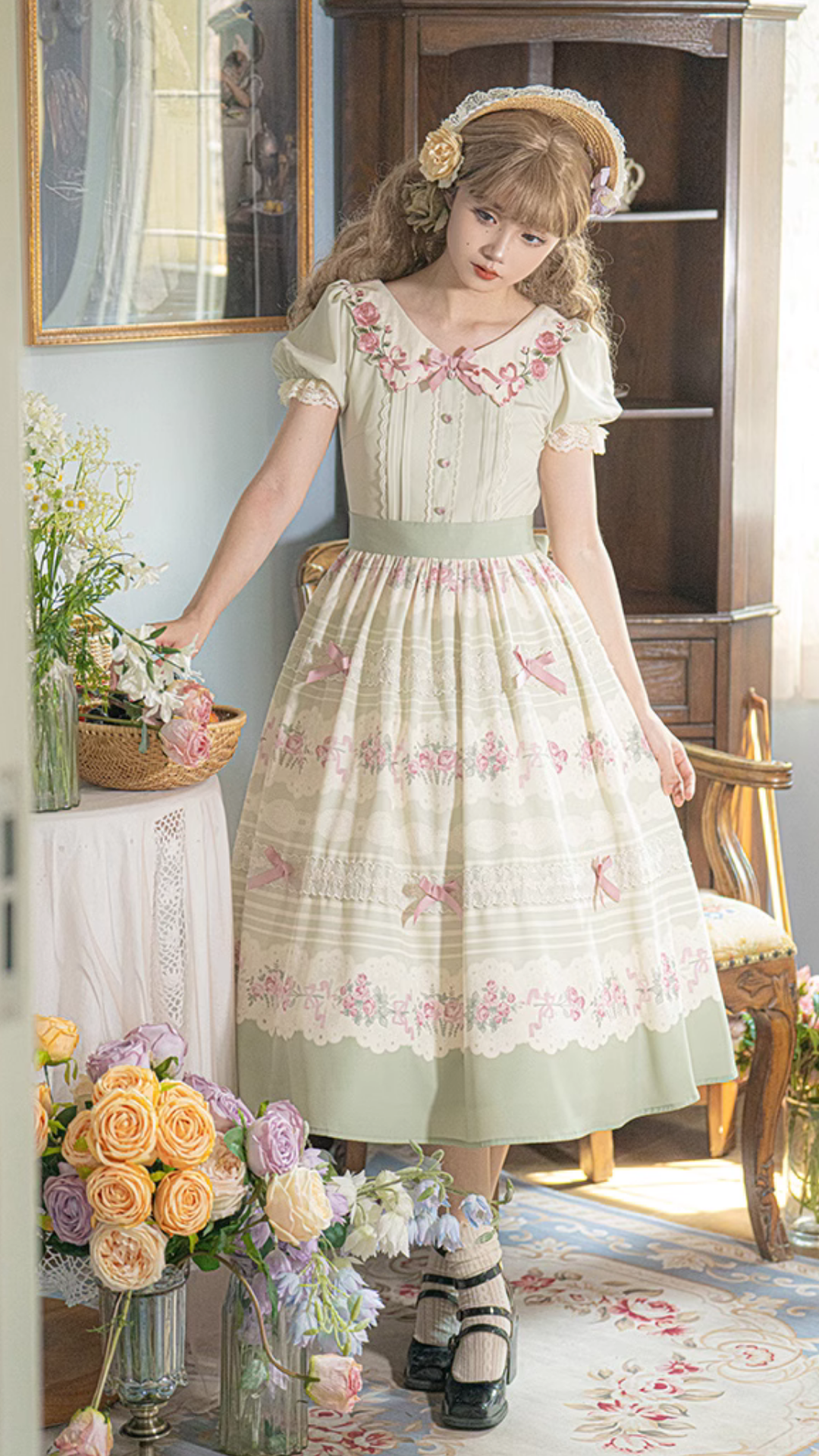 Flower Melody Pistachio Green Short Sleeve Dress