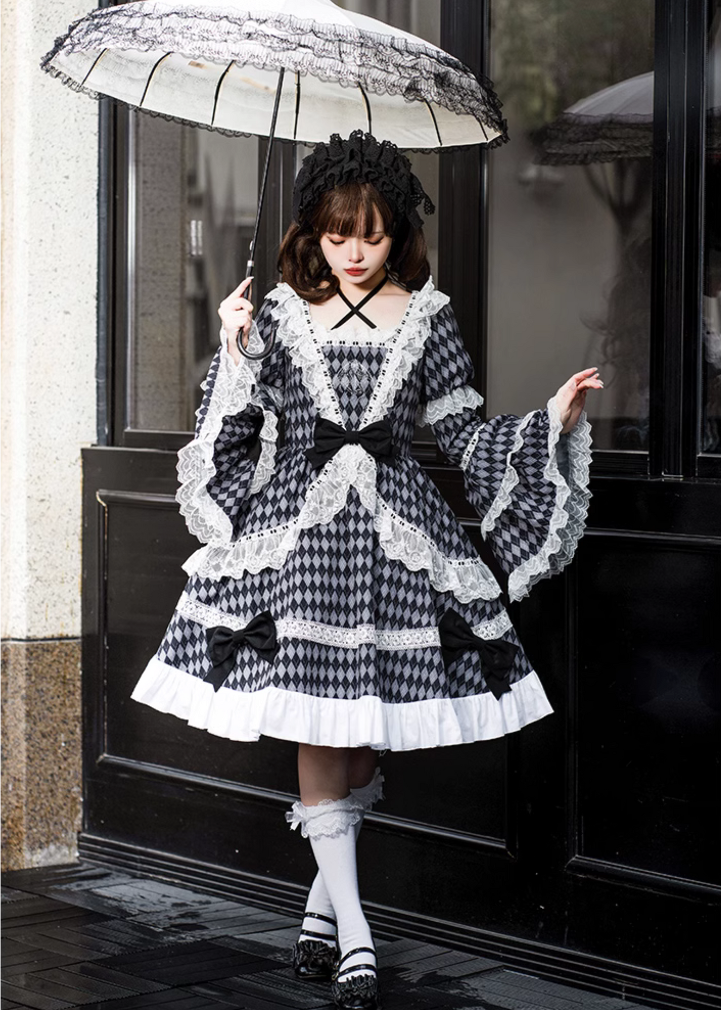 Diamond check pattern princess sleeve dress