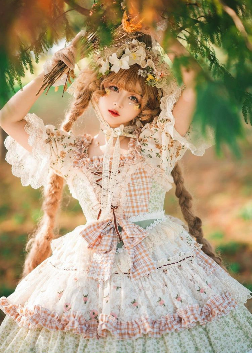 小花柄フレンチカントリーワンピース ヘッドドレス・エプロン付き