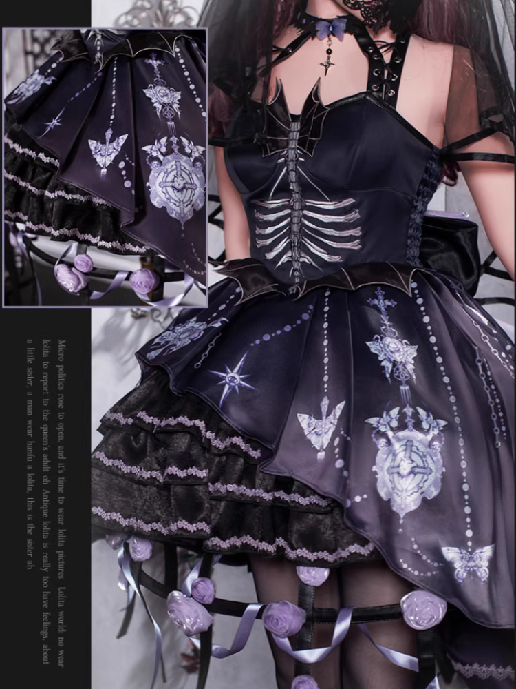 [Pre-order] Bat Wings skeleton pattern jumper skirt and purple rose crinoline