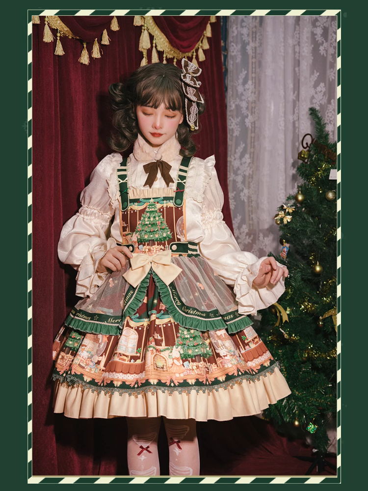 ネザーランドドワーフとクリスマスツリーのジャンパースカート ファーティペット付