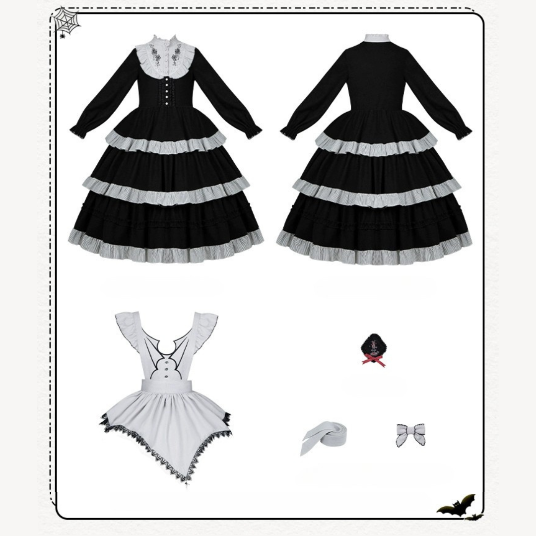 Monochrome Night Rose Embroidered Dress and Apron