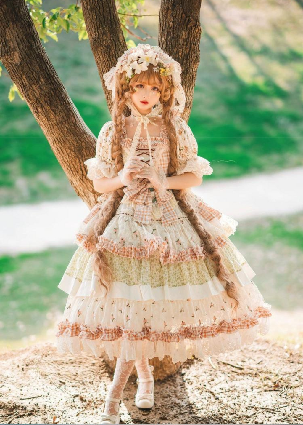 小花柄フレンチカントリーワンピース ヘッドドレス・エプロン付き