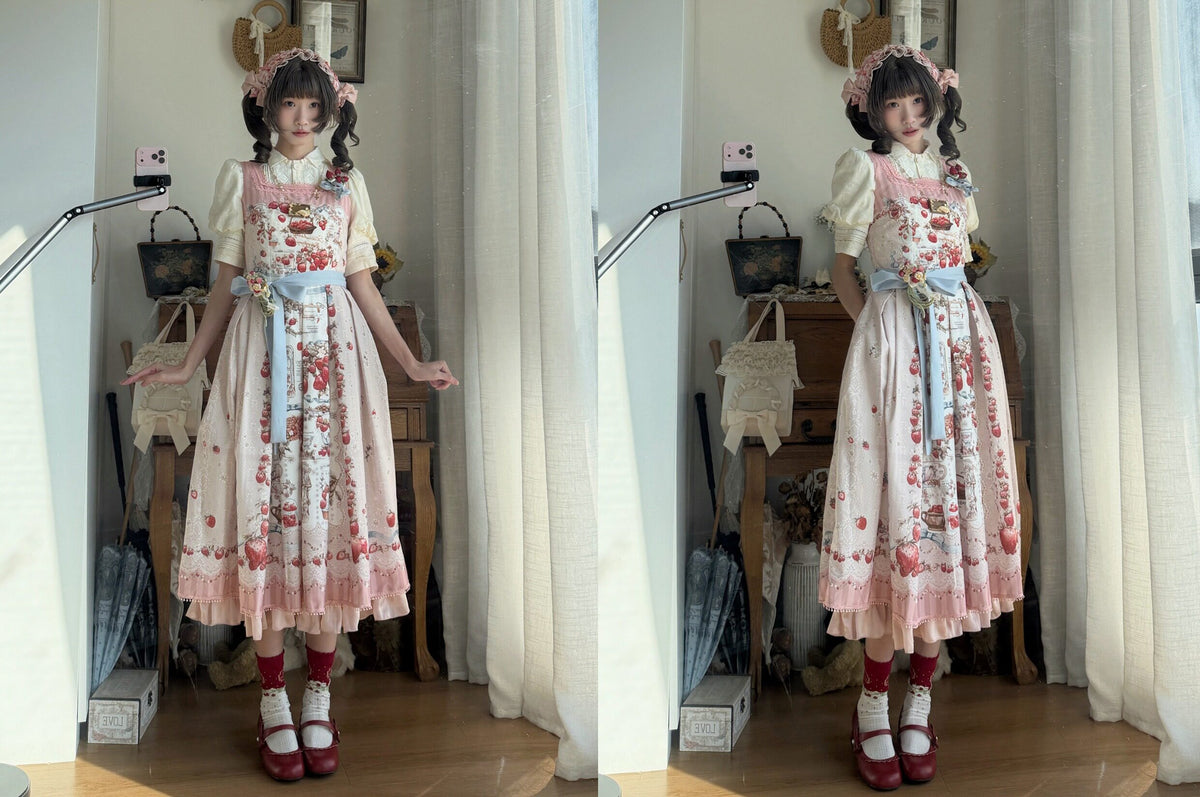 【受注予約10/29まで】Strawberry Manor プリントジャンパースカート・ロング丈
