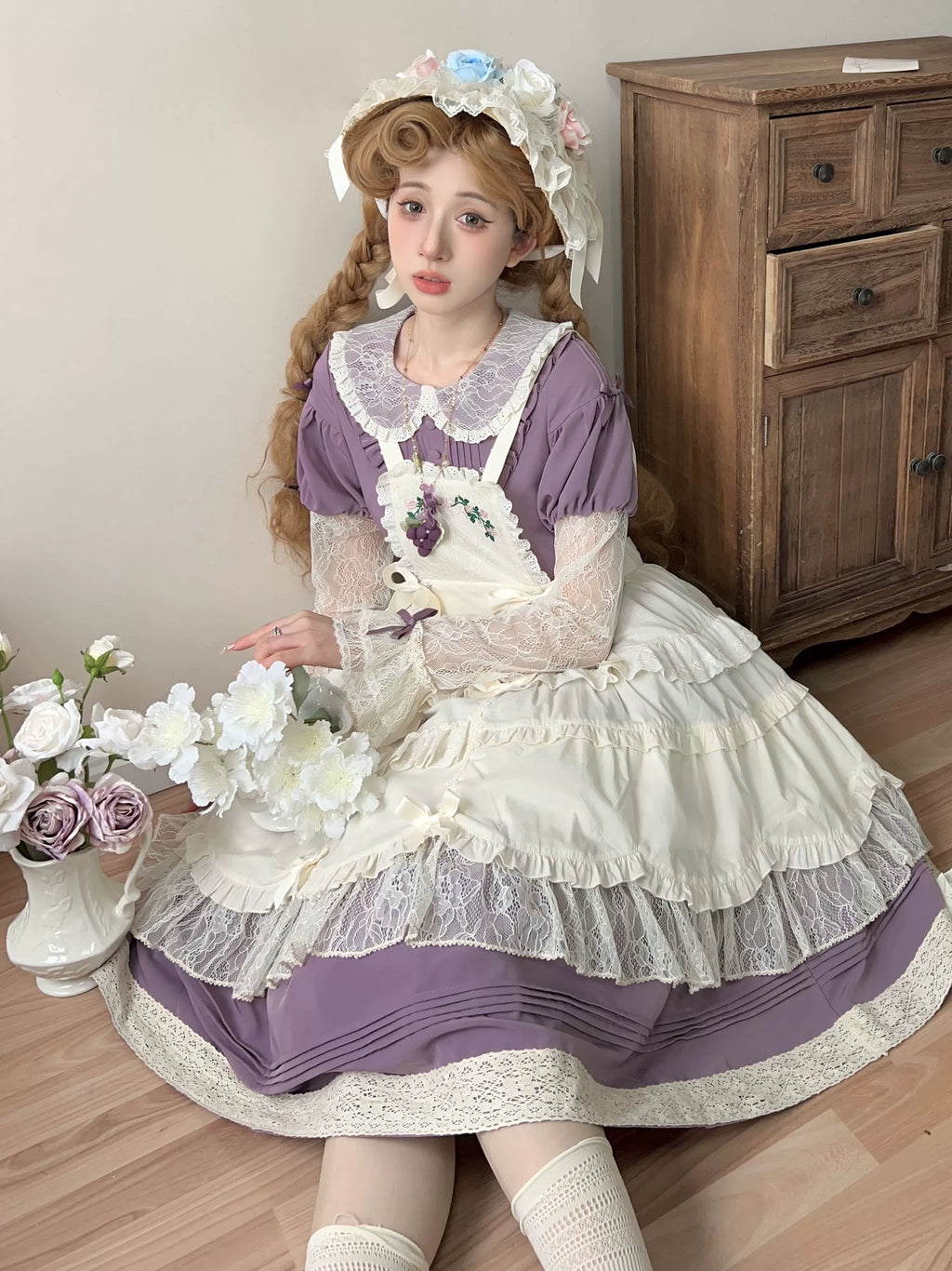Flower Mist Path レースの半袖ワンピース全4色
