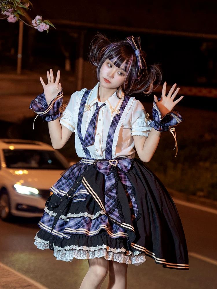 Red Moon チェックとフリルのアイドル風サスペンダースカート フルセット