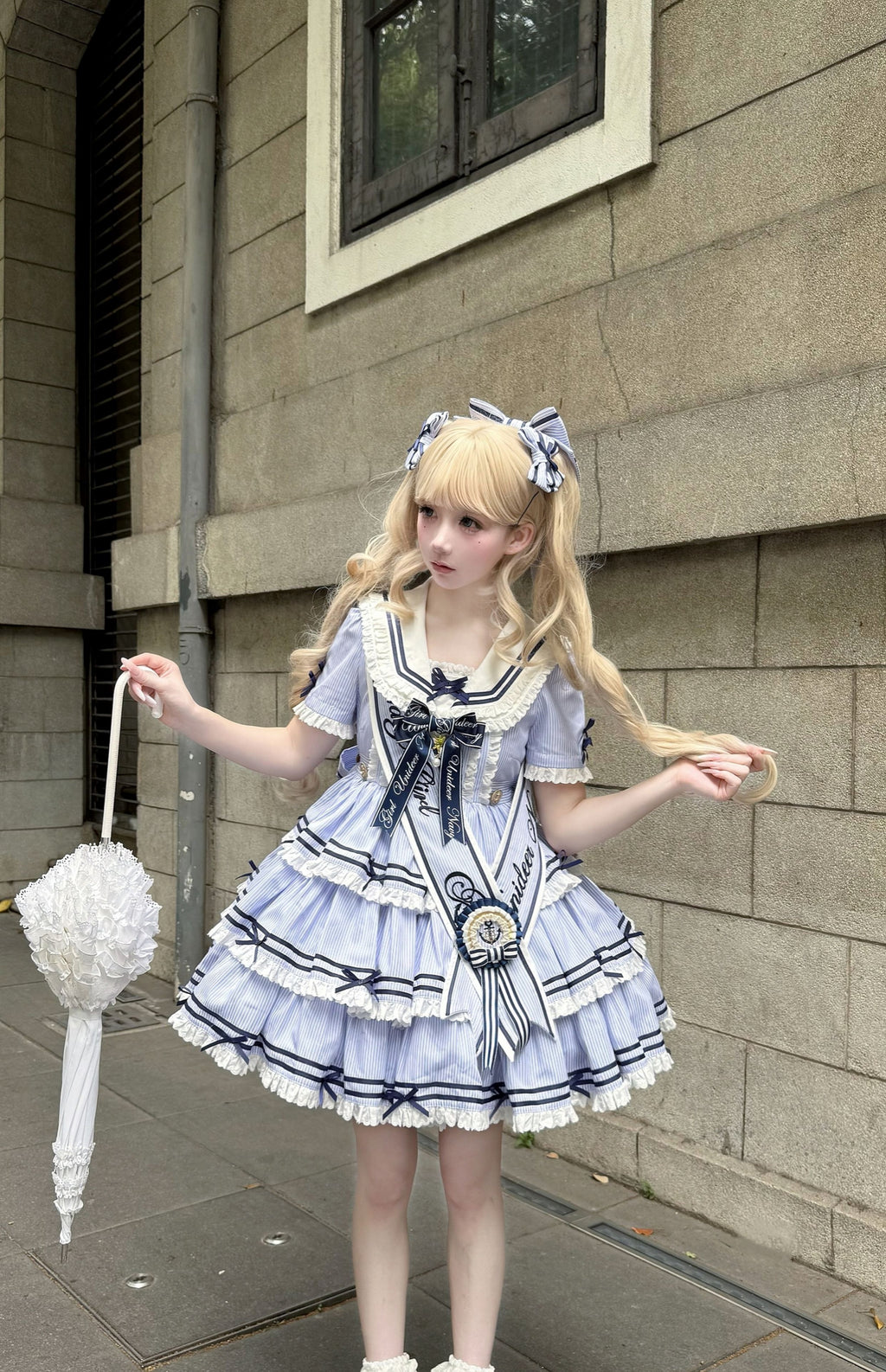 【受注予約4/28まで】セーラー襟と3段フリルの2wayマリンワンピース・ストライプ・ショート丈