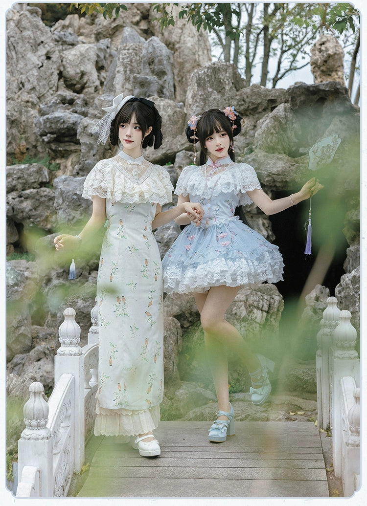 Screen Painting Hana Lolita Chinese dress style lace and flower mini dress