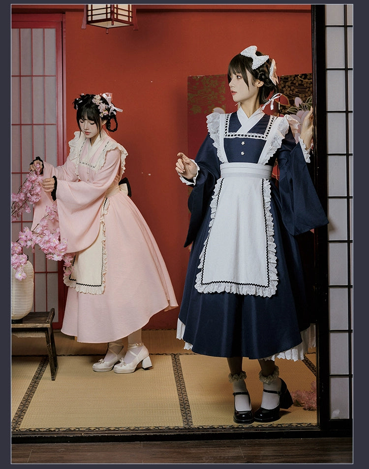 和風メイド ピンクとネイビーの和ロリドレス