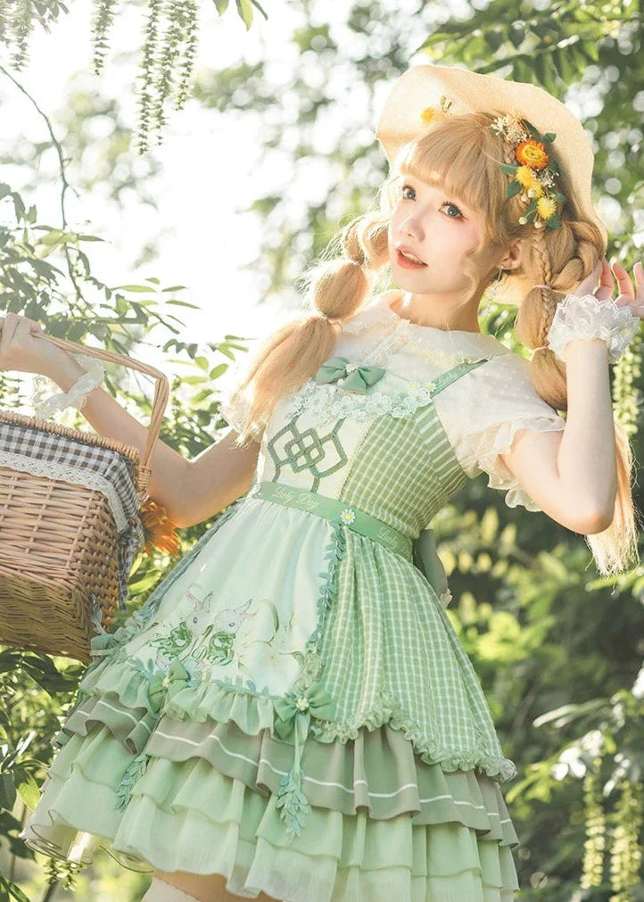 Lucky Dayくすみグリーンのカントリー風ジャンパースカート