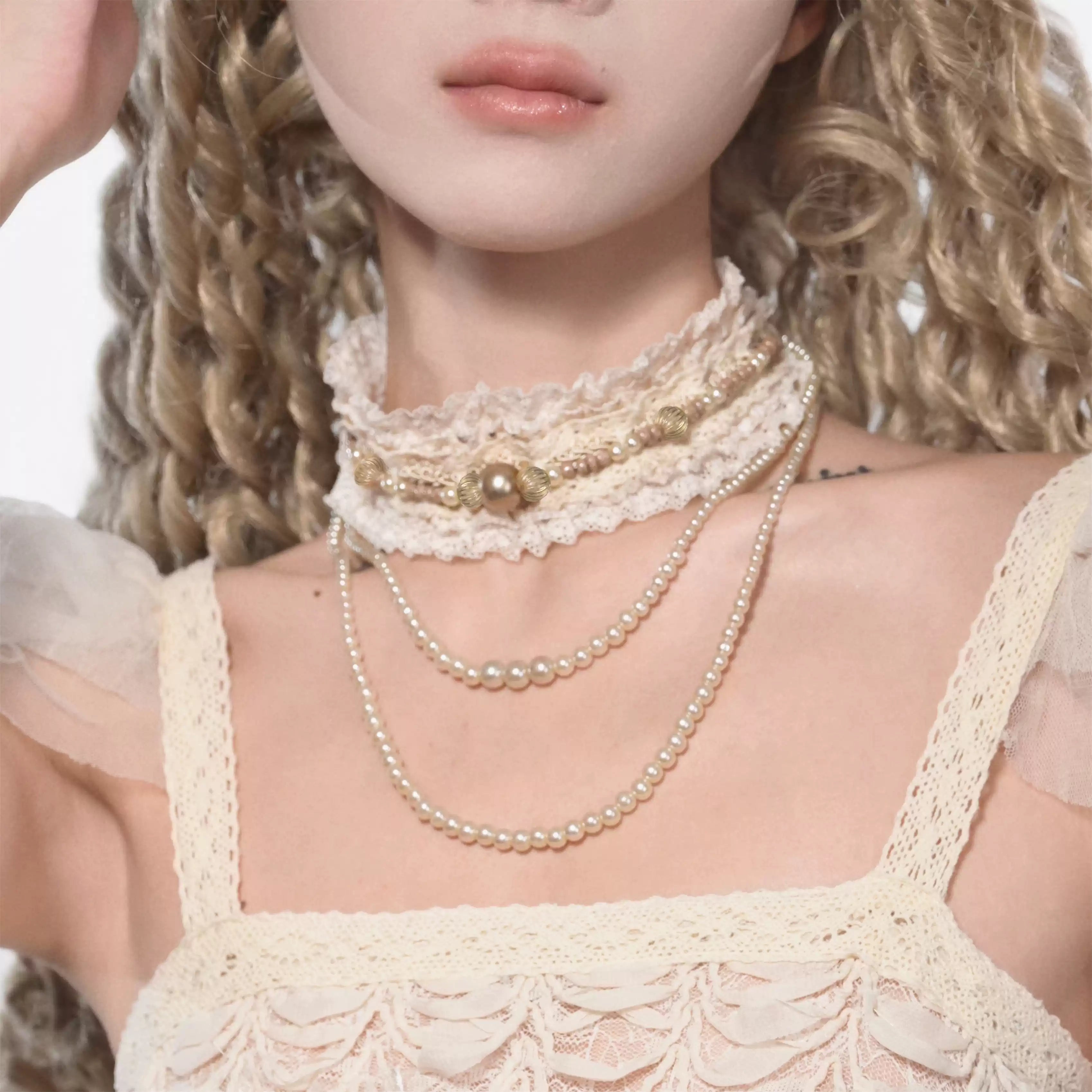 【Vintage Noir】レース×パールビーズ レイヤードチョーカー  フレンチヴィンテージ