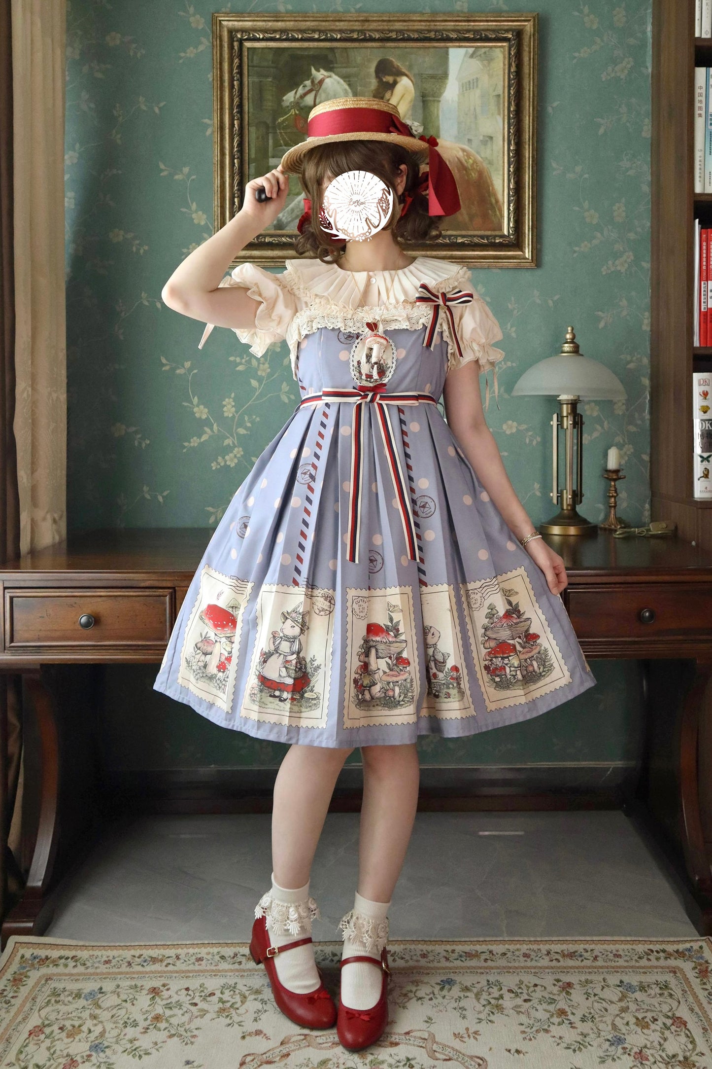 キノコとウサギの切手デザインジャンパースカート