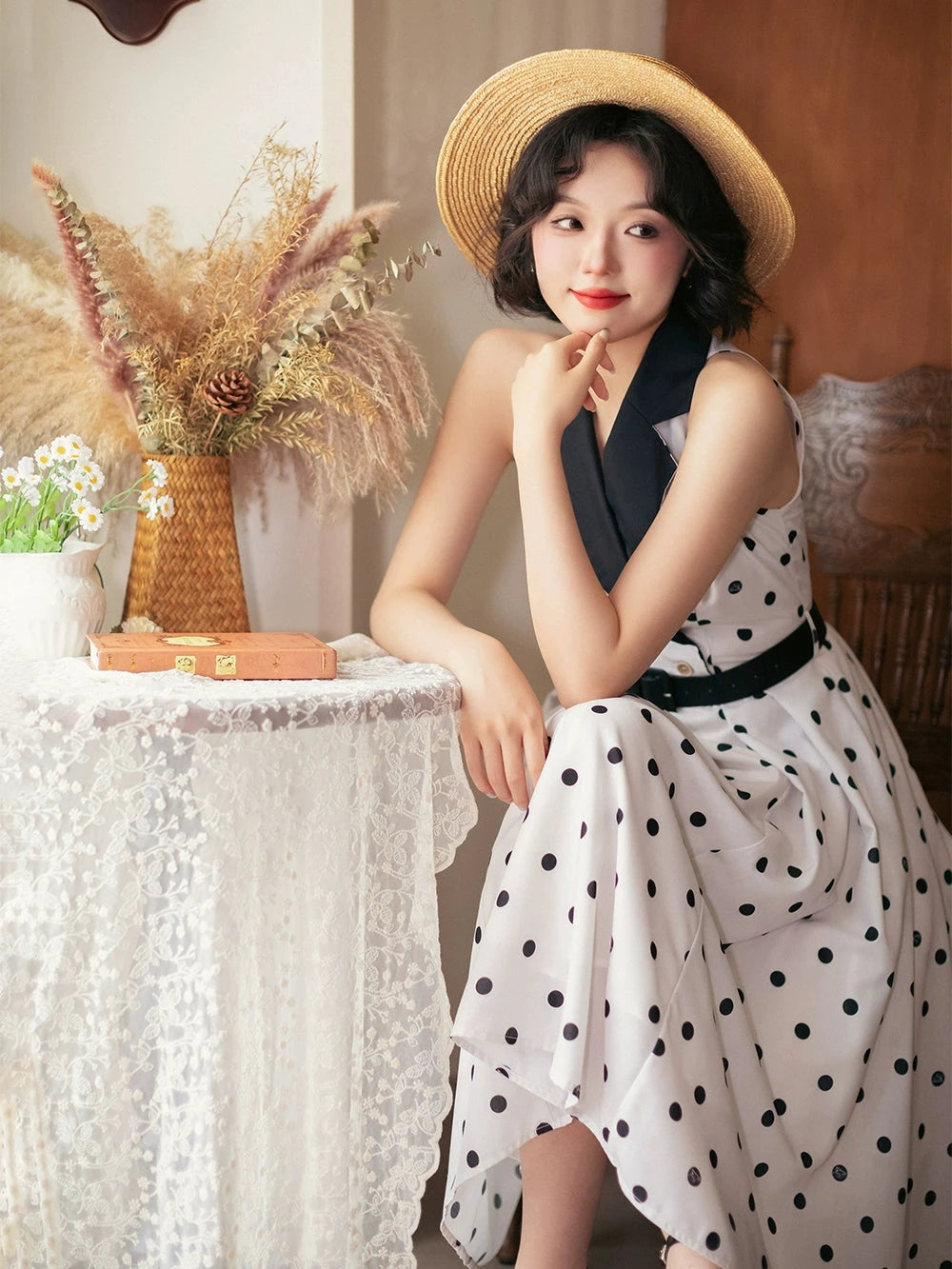 Afternoon Forest Retro Elegant American Sleeve Jumper Skirt with Hair Accessory