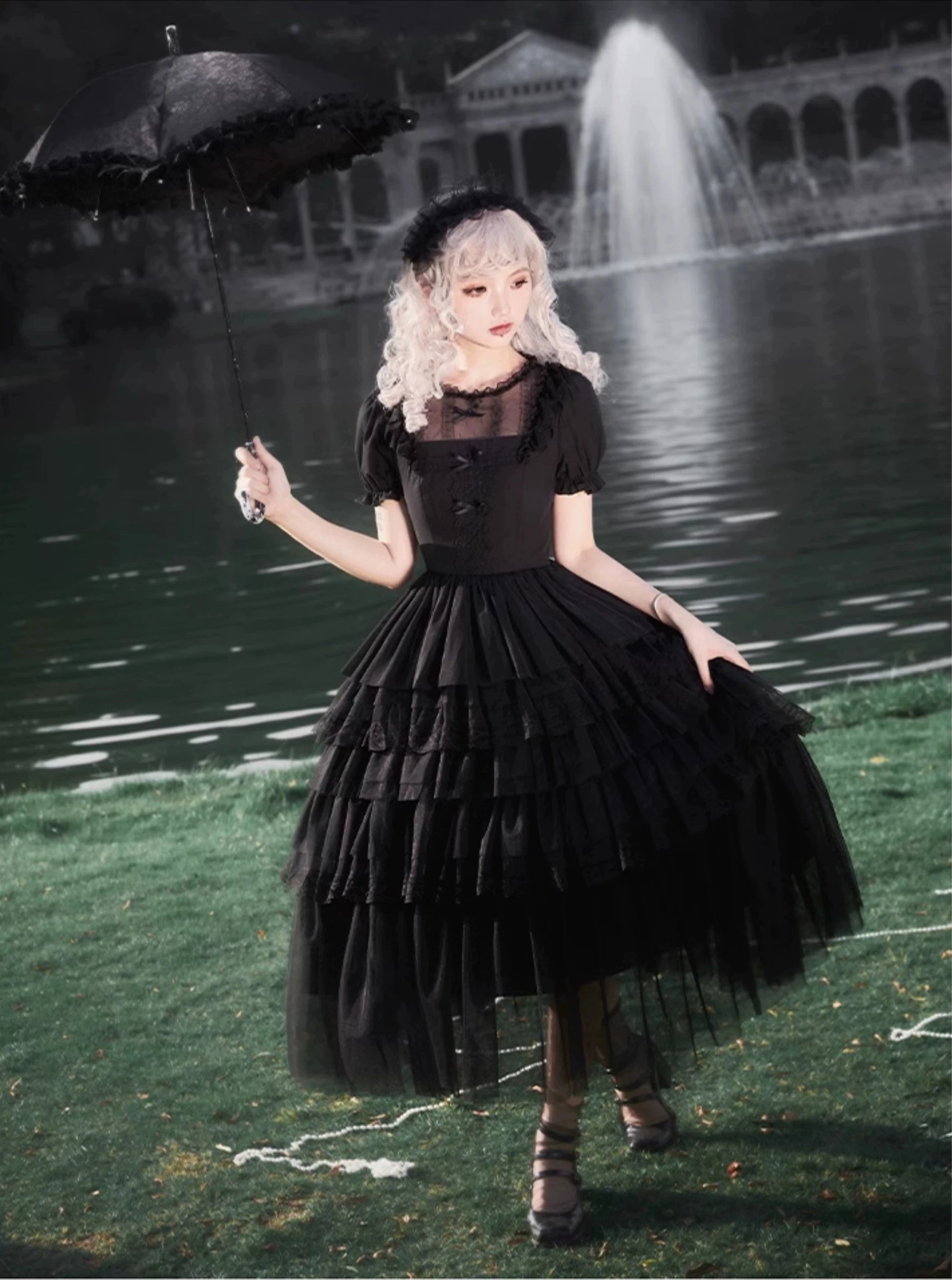 Dark Fairy 5段フリルチュールワンピース – ロリータファッション通販 Dark Fairy 5段フリルチュールワンピース – ロリータファッション通販