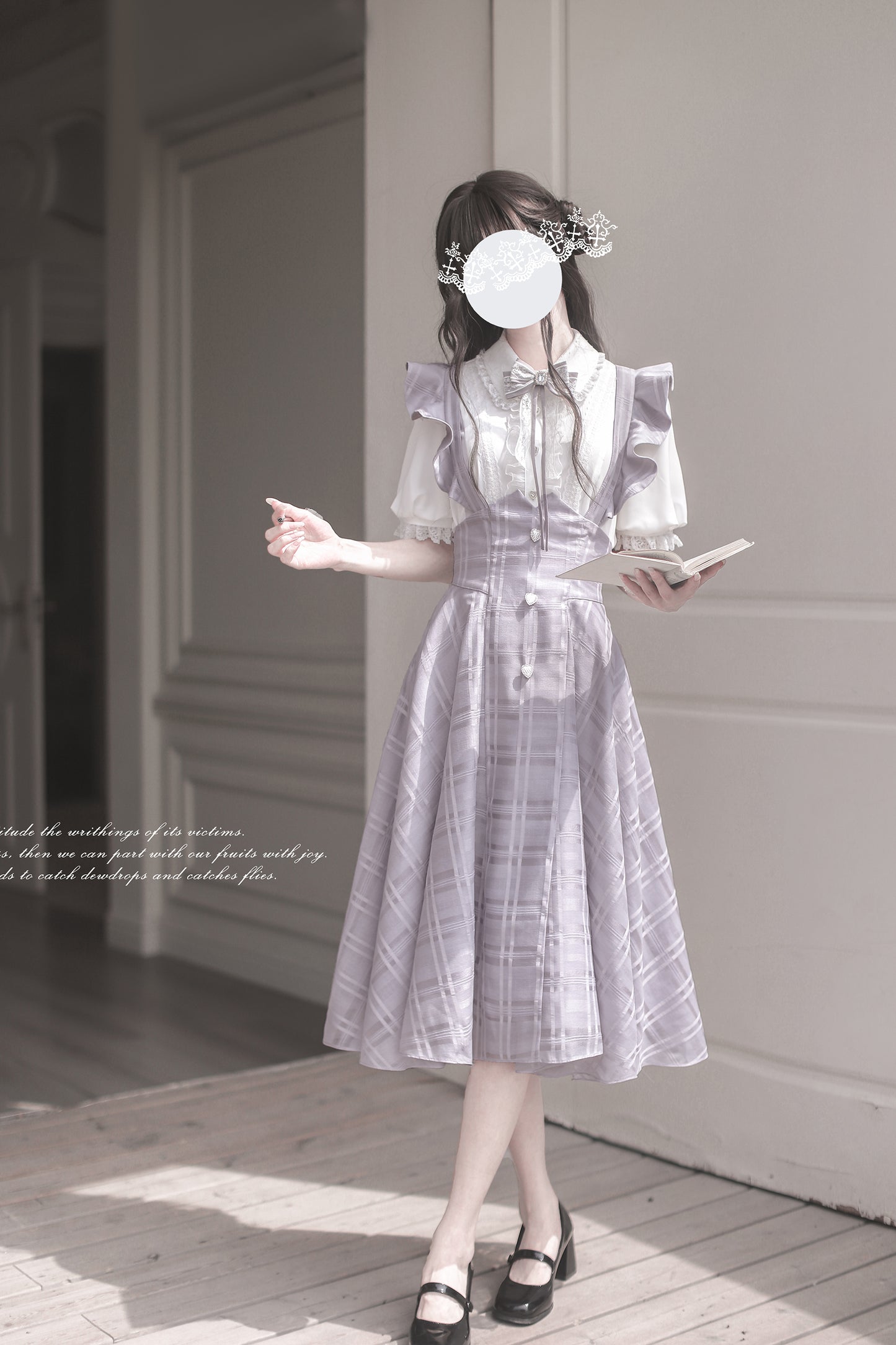 Monochrome Heart チェック柄ジャンパースカートセット・ロング丈