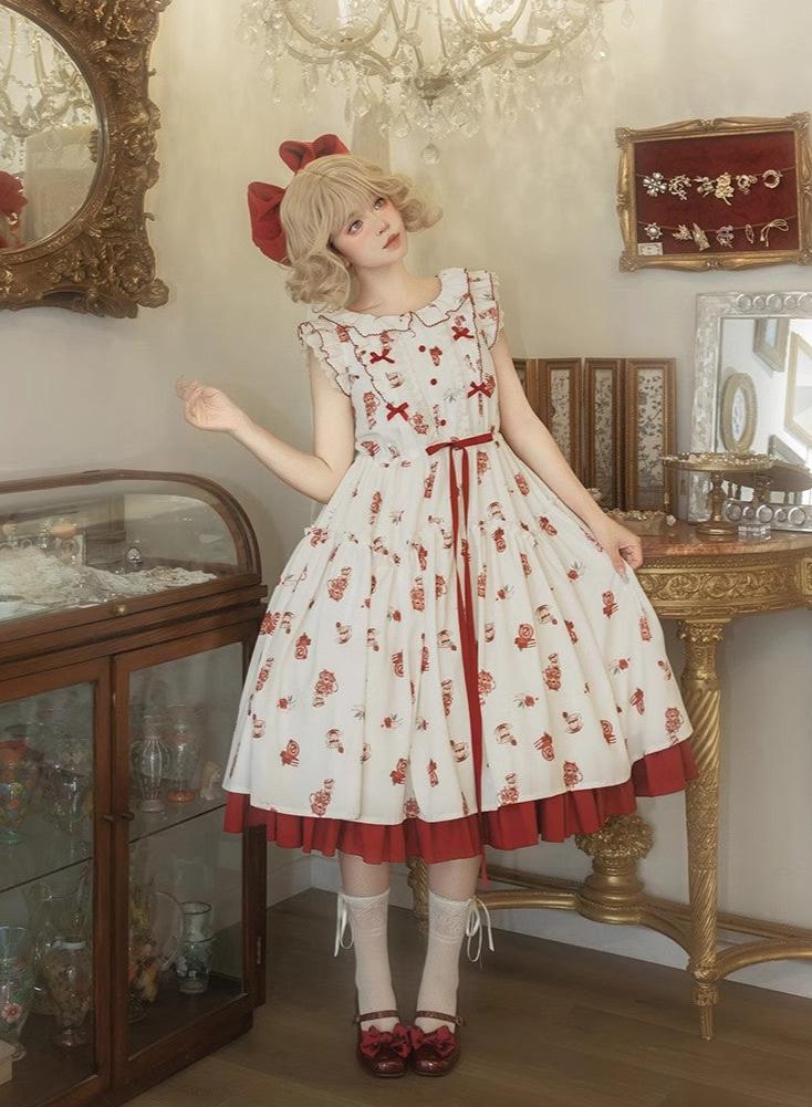 Rose Garden Red and White Flare Sleeve Dress