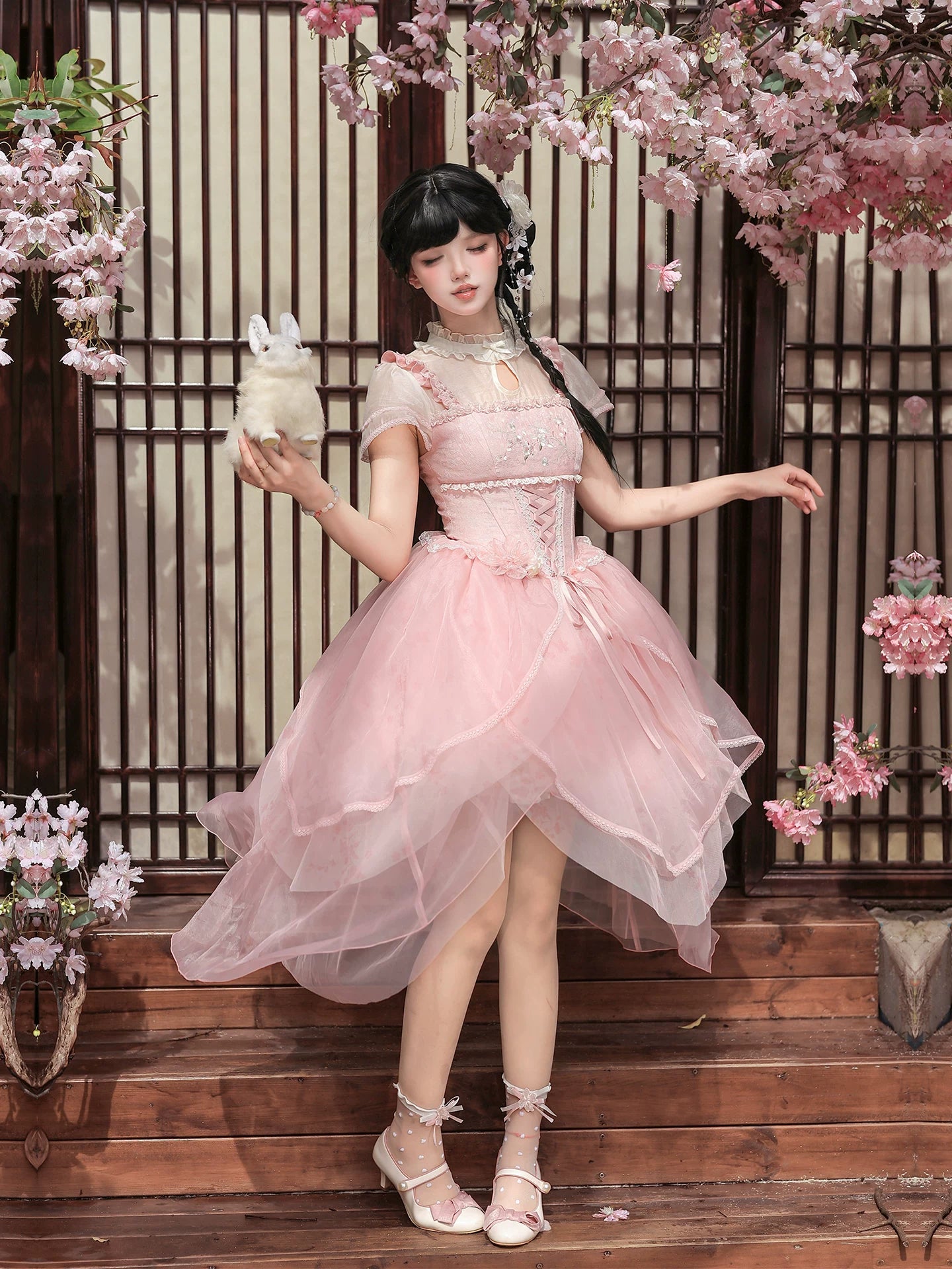 馨香 花びらティアード中華風ロリータワンピース