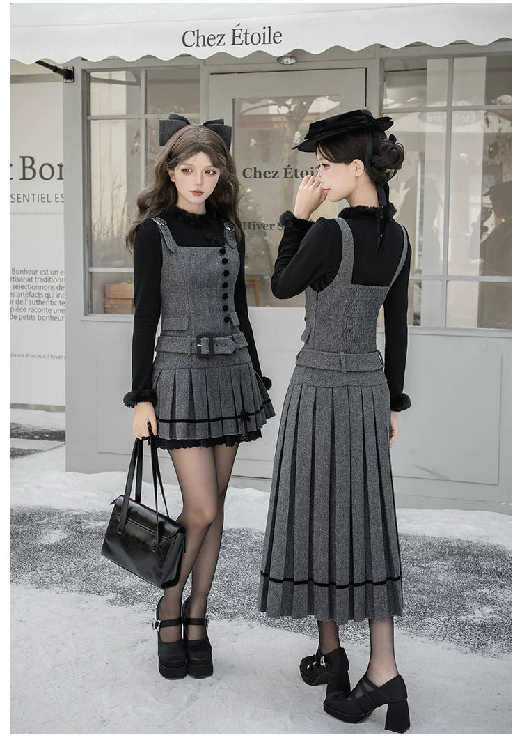 【予約販売】Graceful Gray プリーツジャンパースカート・ロング丈