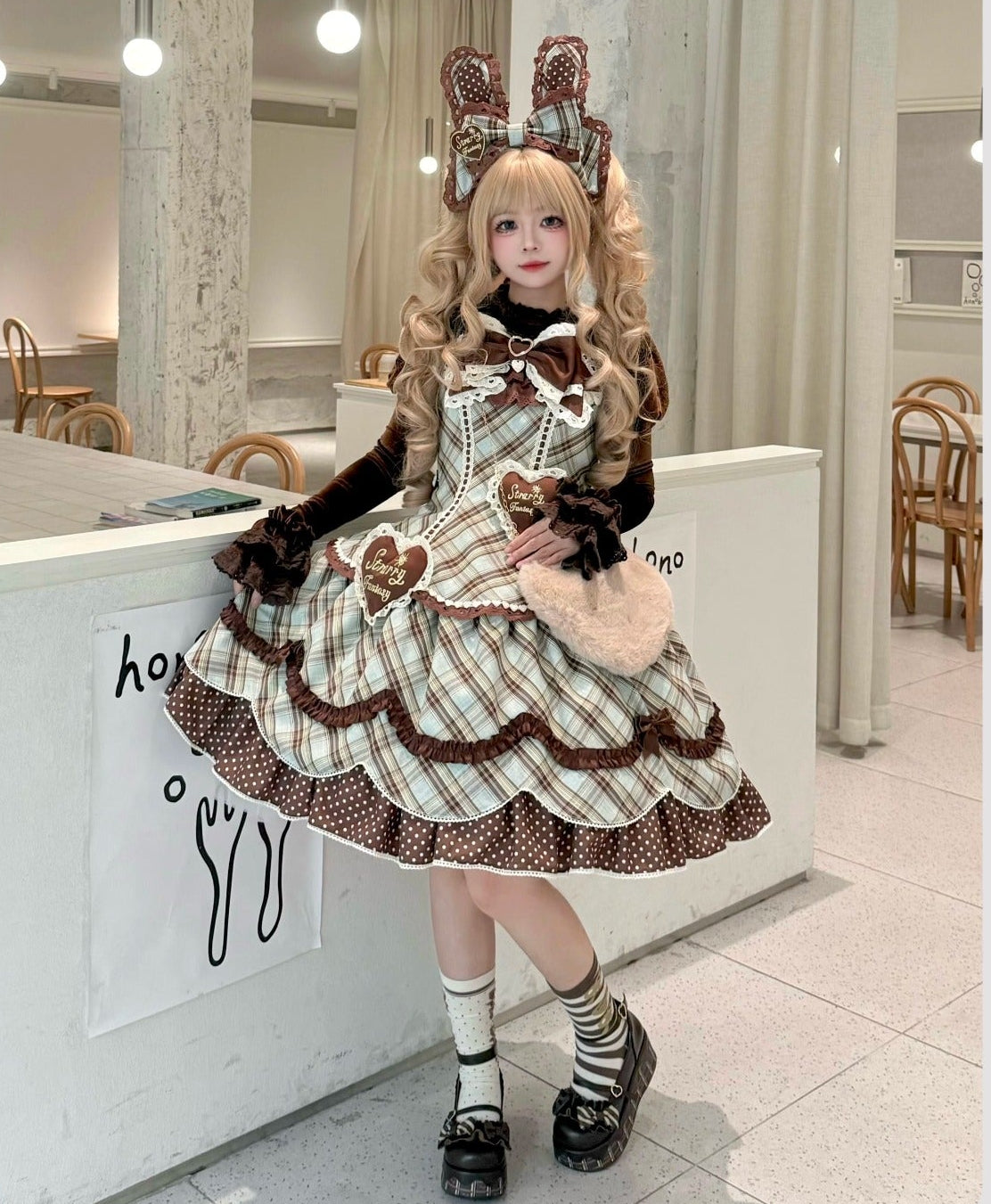 ロリータファッション　ジャンパースカート　ヘッドドレス　スイーツ柄　可愛い 予約販売】牧歌風 ステッチデザイン ロリータ ジャンパースカート