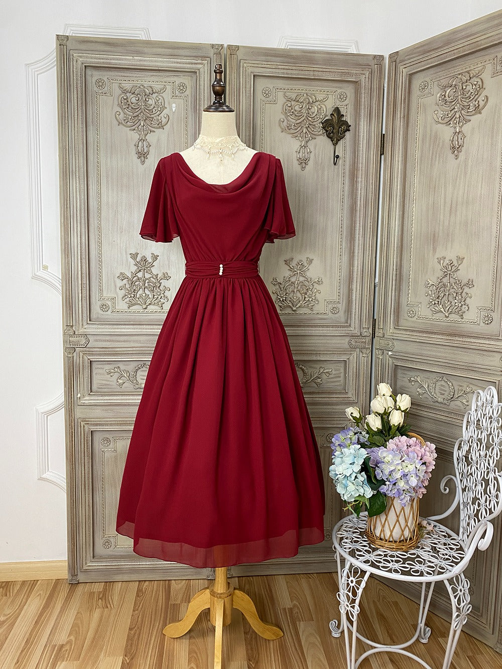 【予約販売】Elegance Greek ドレープフレアスリーブジャンパースカート