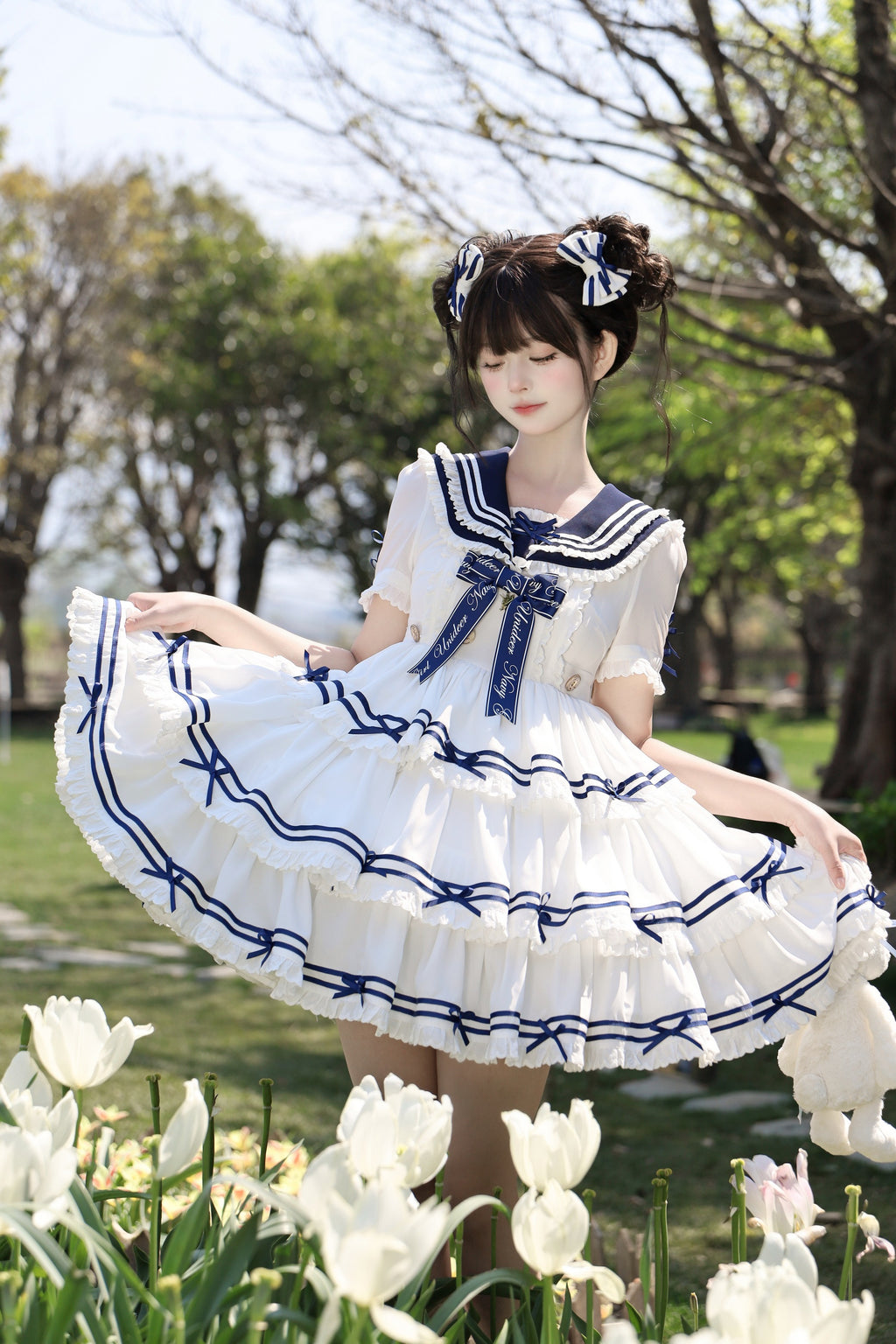 【受注予約4/28まで】セーラー襟と3段フリルの2wayマリンワンピース・ホワイト・ショート丈