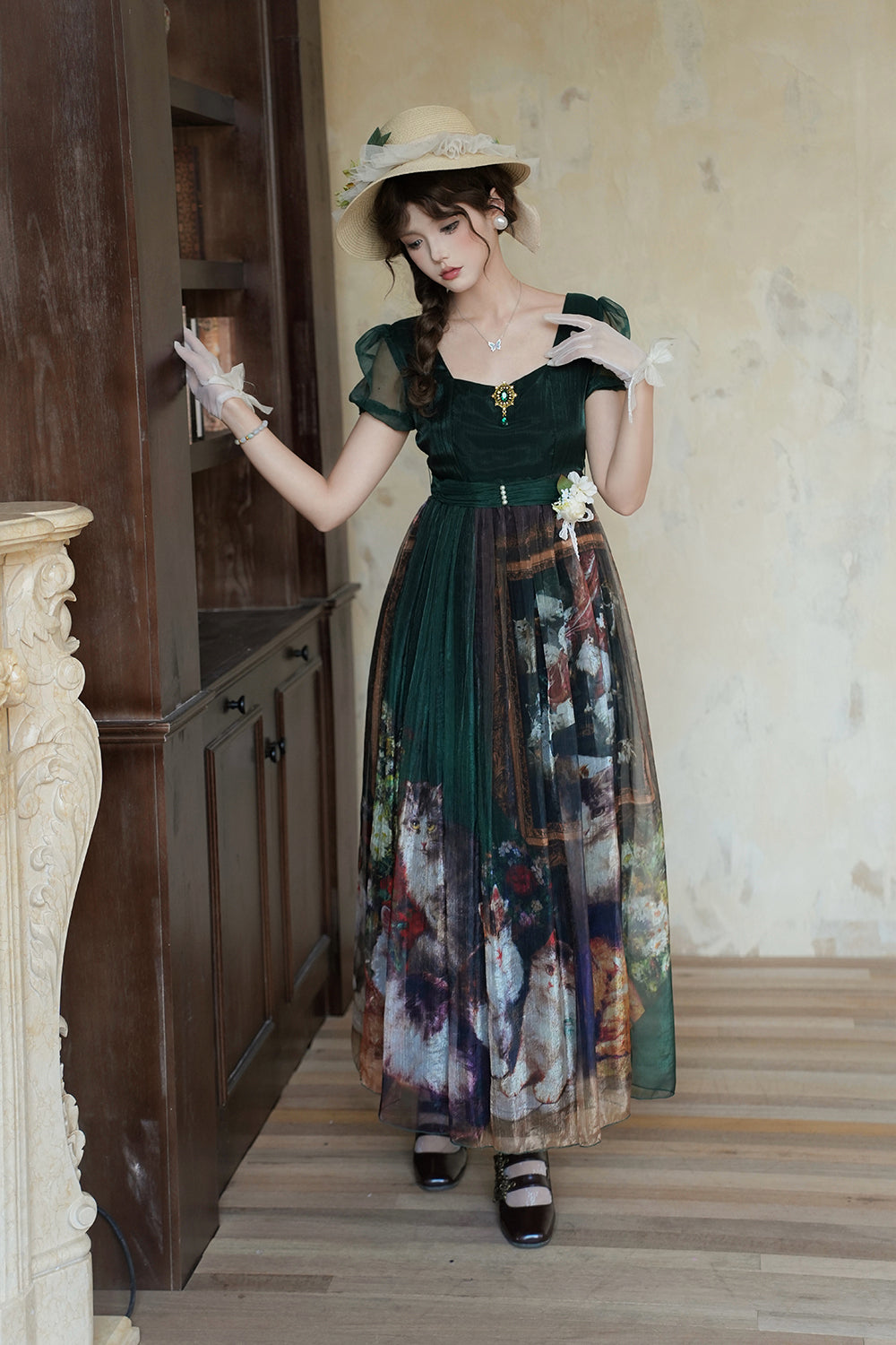 【予約販売】Elegance Greek 油彩画風プリントエンパイアワンピース・新色