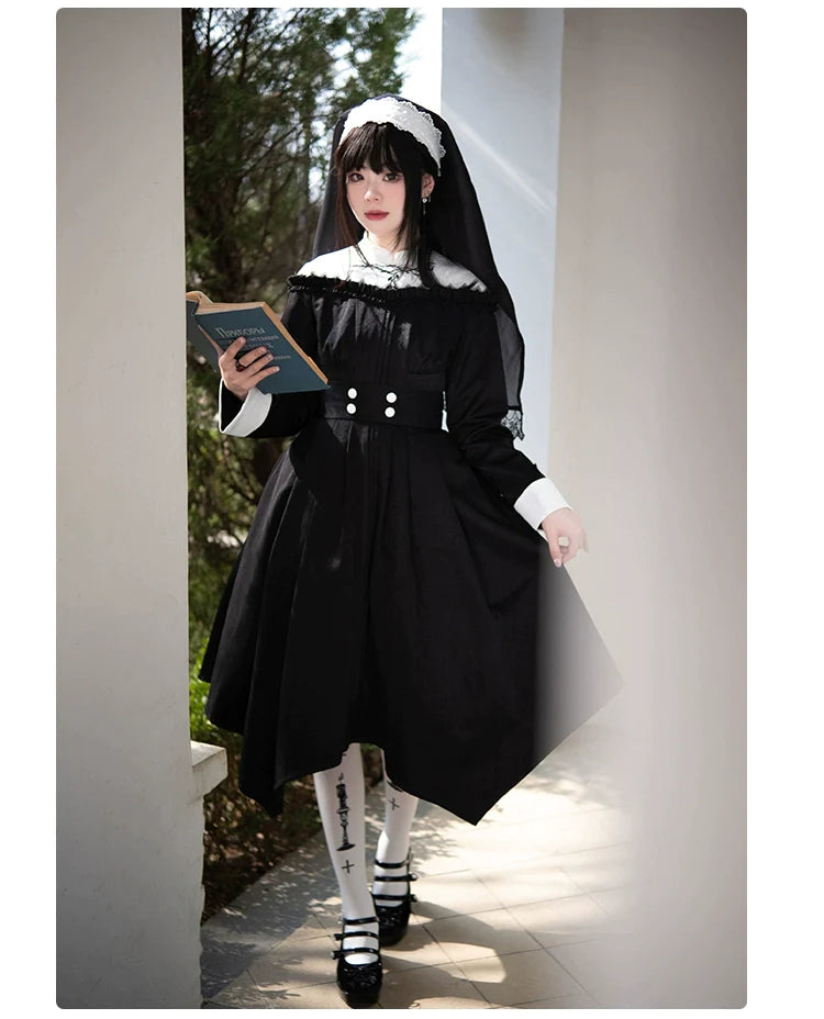 Nun style stand up collar gothic dress