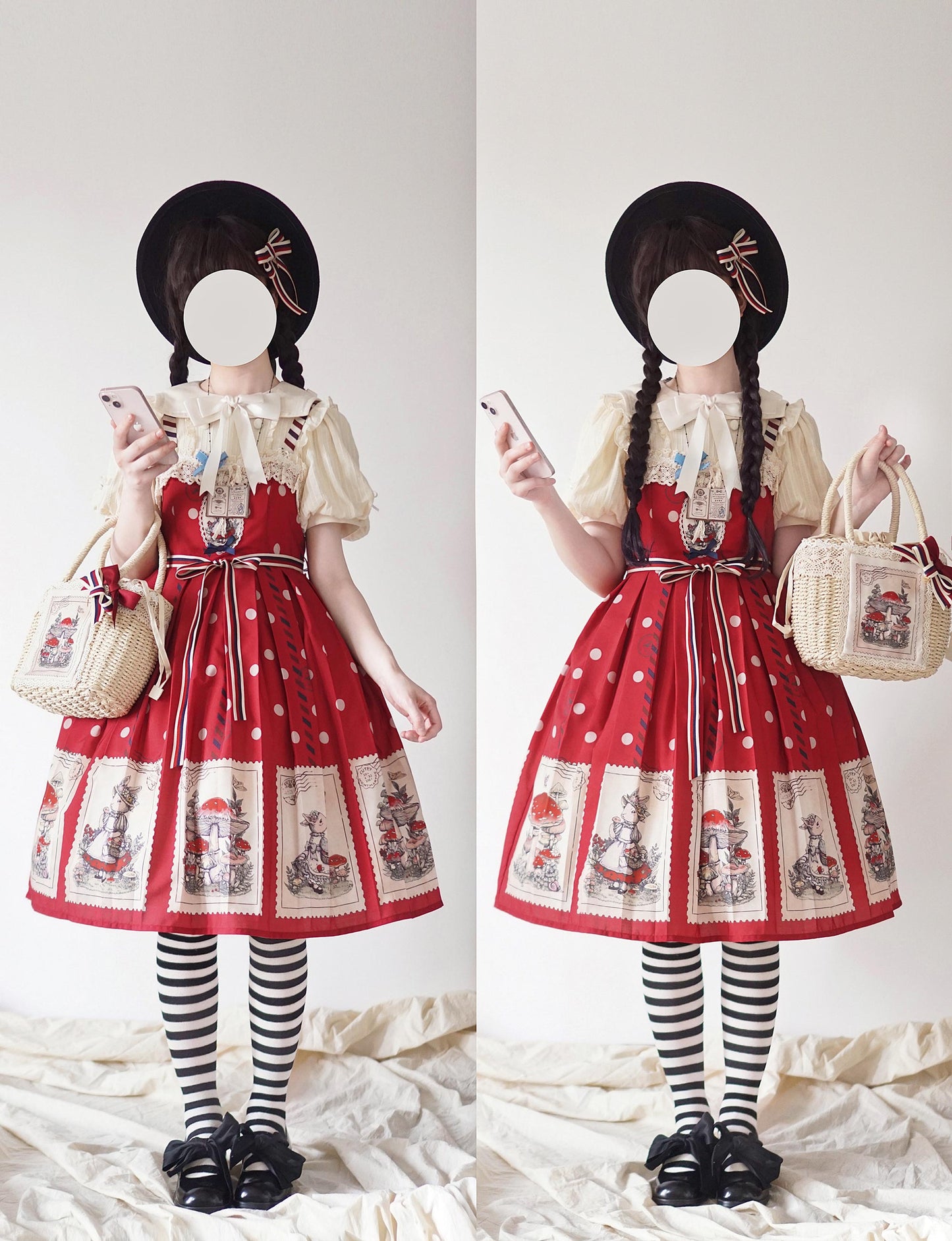 キノコとウサギの切手デザインジャンパースカート