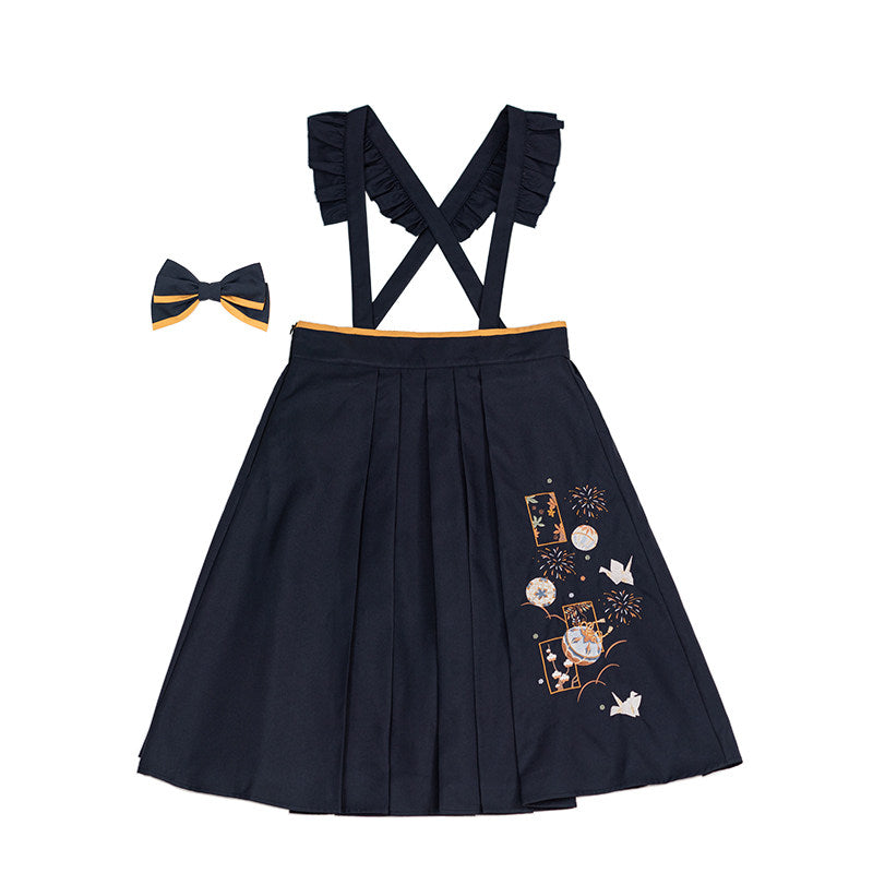 Temari embroidered hakama-style suspender skirt