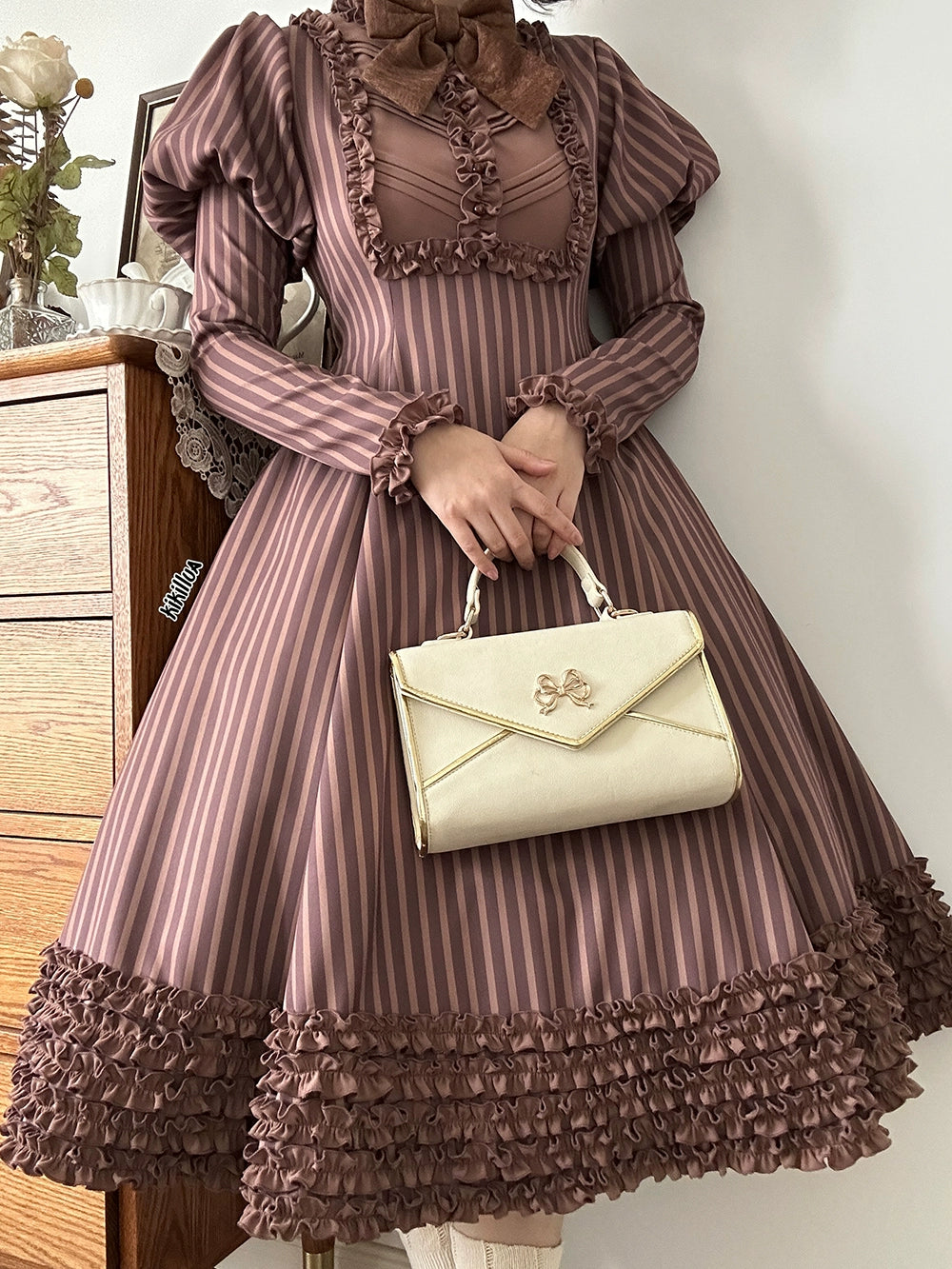 【予約販売】Classic Chocolat Stripe ストライプワンピース・ロング丈
