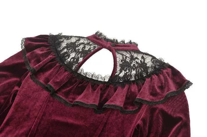 【Dark in Love】ダークレッド ベルベット×レース ゴスロリ長袖ワンピース | Blood Velvet (コピー)