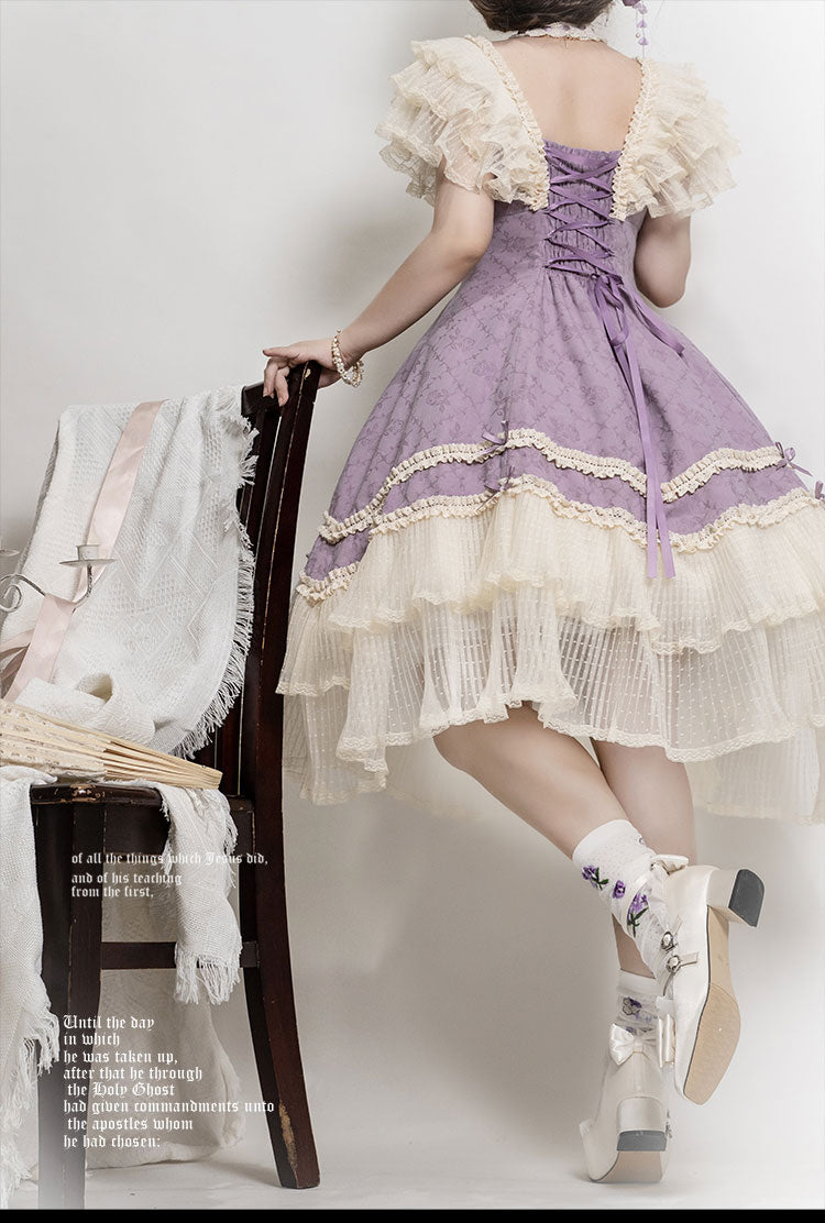 薔薇模様のジャガードフリルレース2wayワンピース 全4色