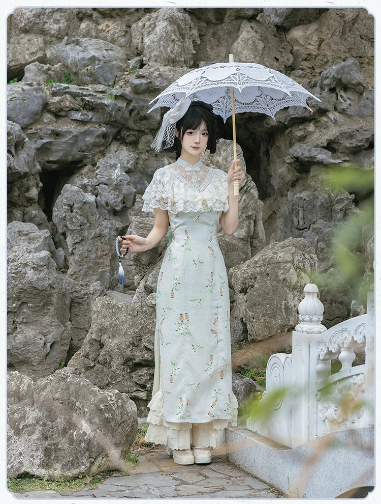 Screen Painting Hana Lolita Chinese dress style lace and flower long dress