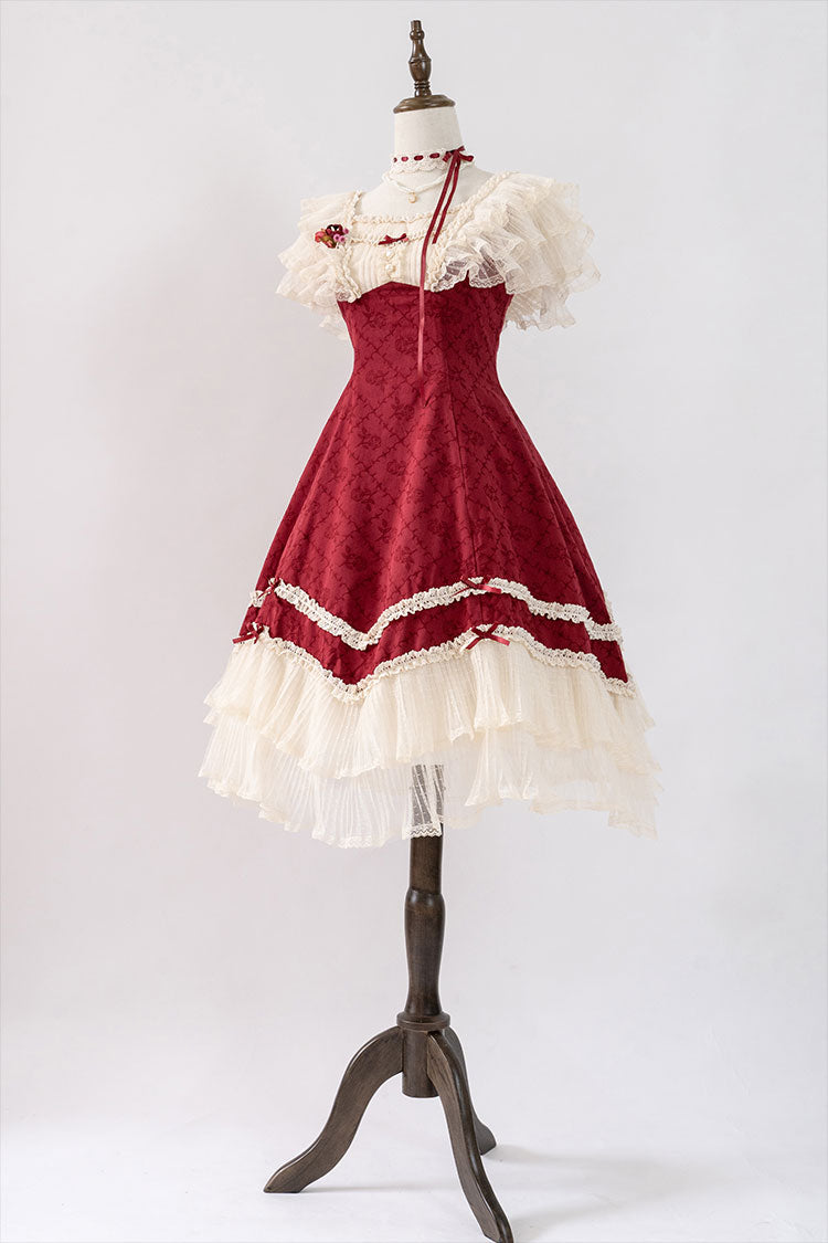 薔薇模様のジャガードフリルレース2wayワンピース 全4色