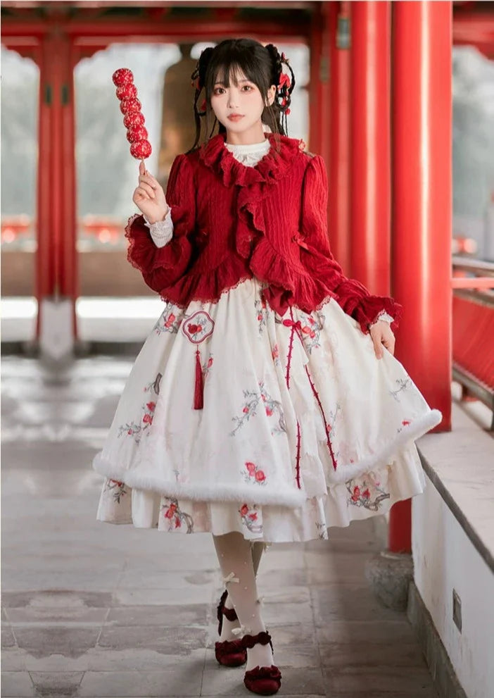 Pomegranate pattern jumper skirt and frilled cardigan