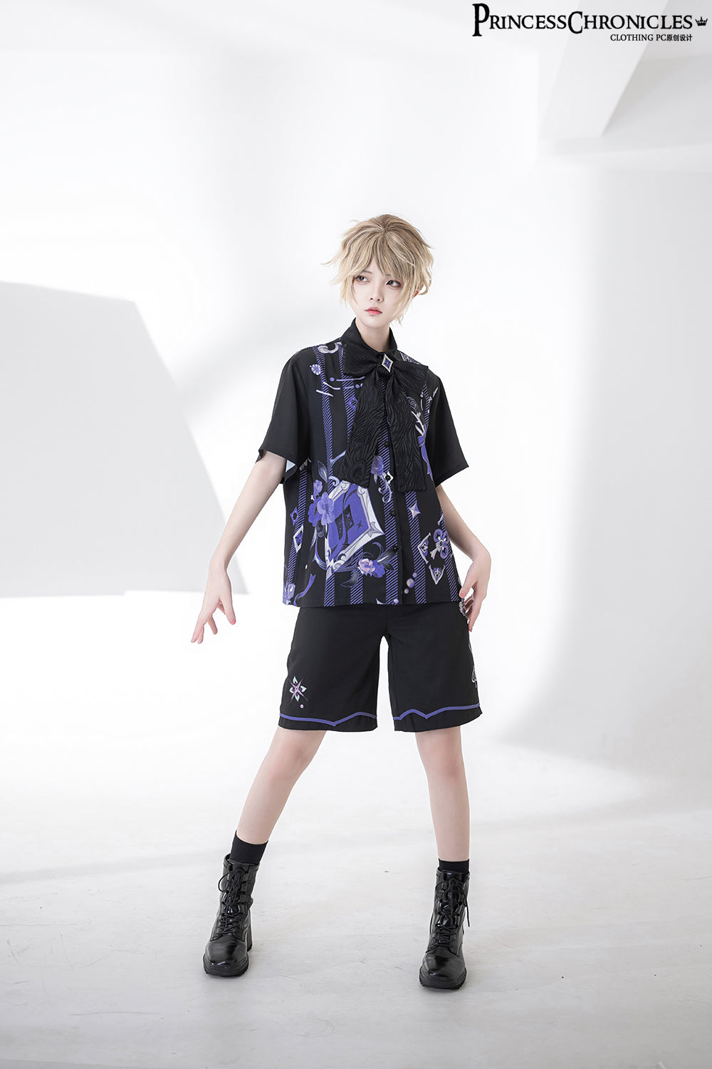 【予約販売】皇子系 青紫のレトロプリントブラウス