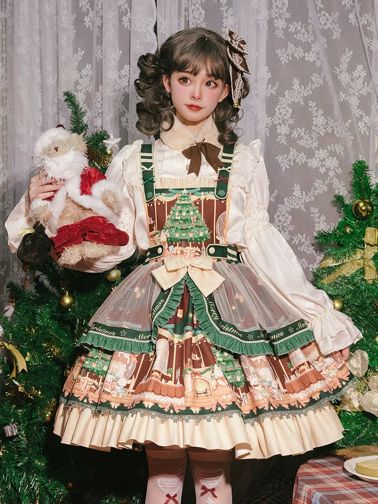 ネザーランドドワーフとクリスマスツリーのジャンパースカート ファーティペット付
