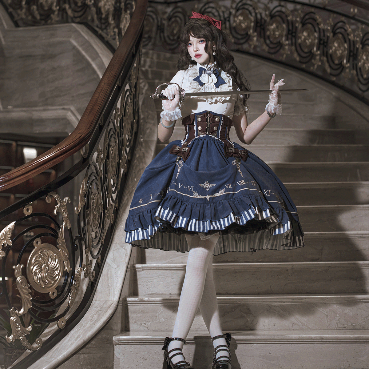 Tick Tock ヘムストライプスカート3点セット – ロリータファッション Tick Tock ヘムストライプスカート3点セット – ロリータファッション