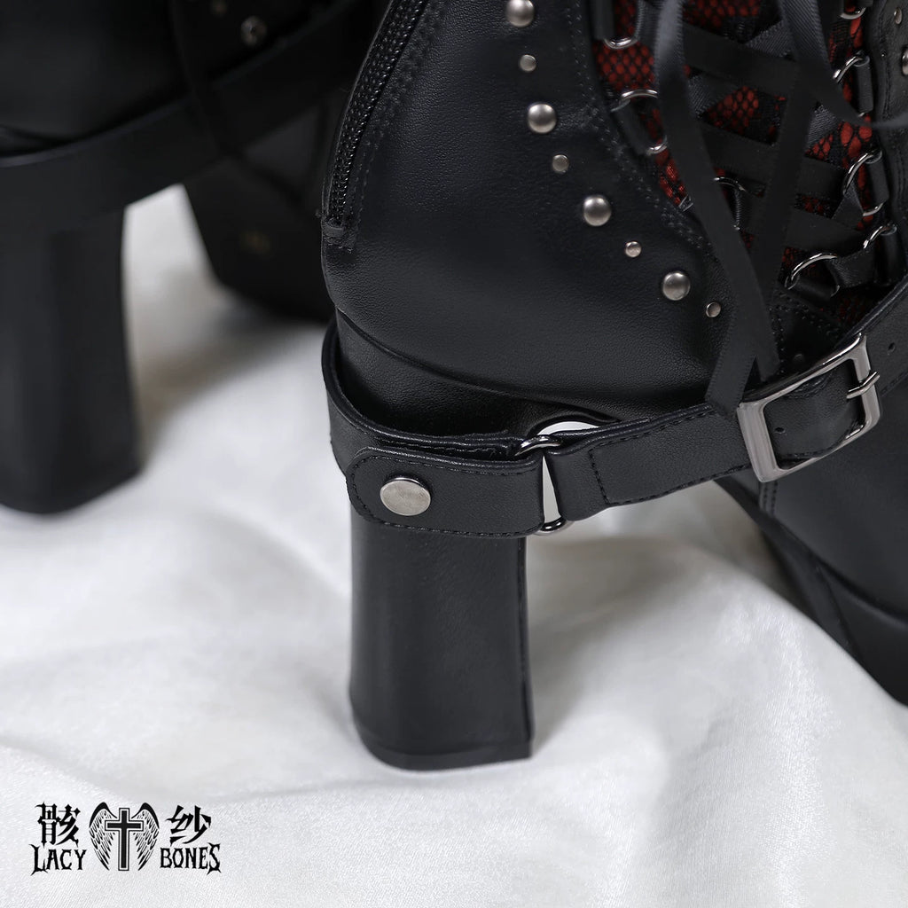 【暗黒の詩】漆黒ソール×赤紗レースのゴシックハイヒールショートブーツ