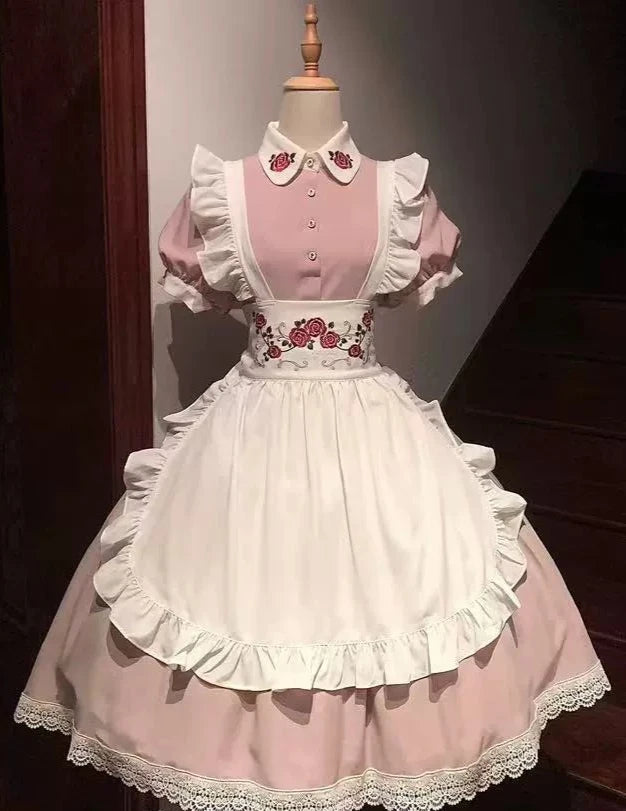 赤薔薇刺繍のメイド風エプロン付きワンピース 新色