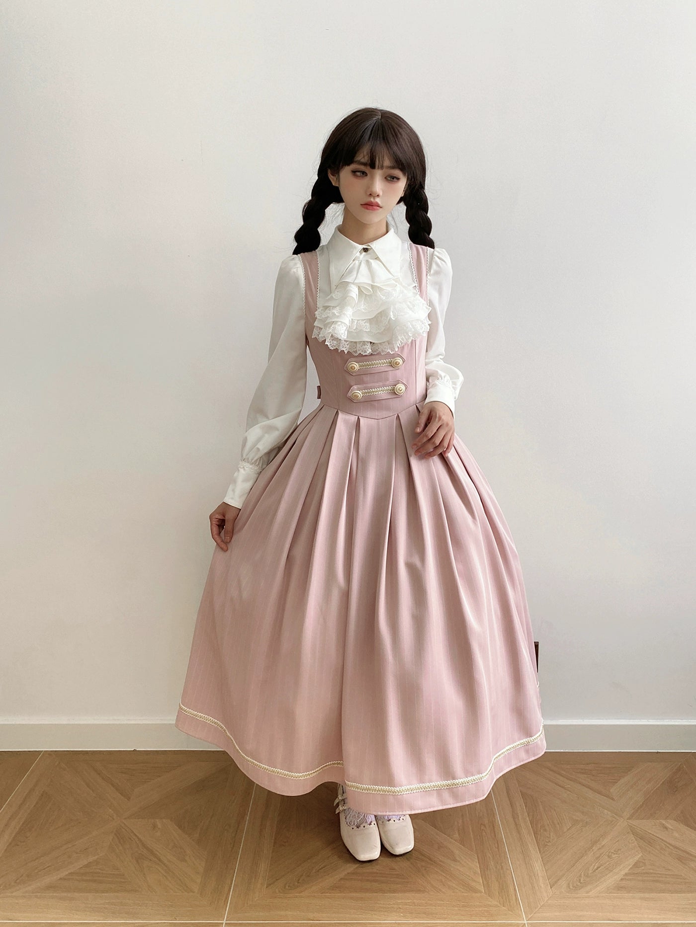【予約販売】Bright Moon コルセットジャンパースカート ストライプ【ピンク】