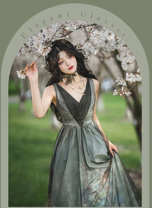 【受注予約5/5まで】Porcelain Flower Garden 油彩画のロング丈ジャンパースカート