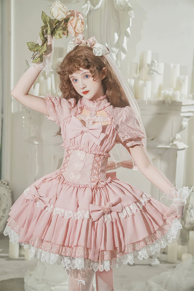 Baby Pink クロスリボンのコルセット風半袖ワンピース