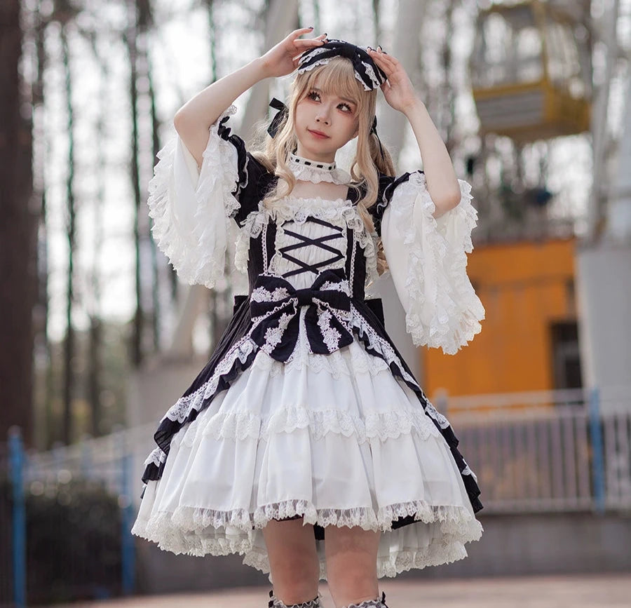 Vintage Lolita style ribbon dress with detachable sleeves