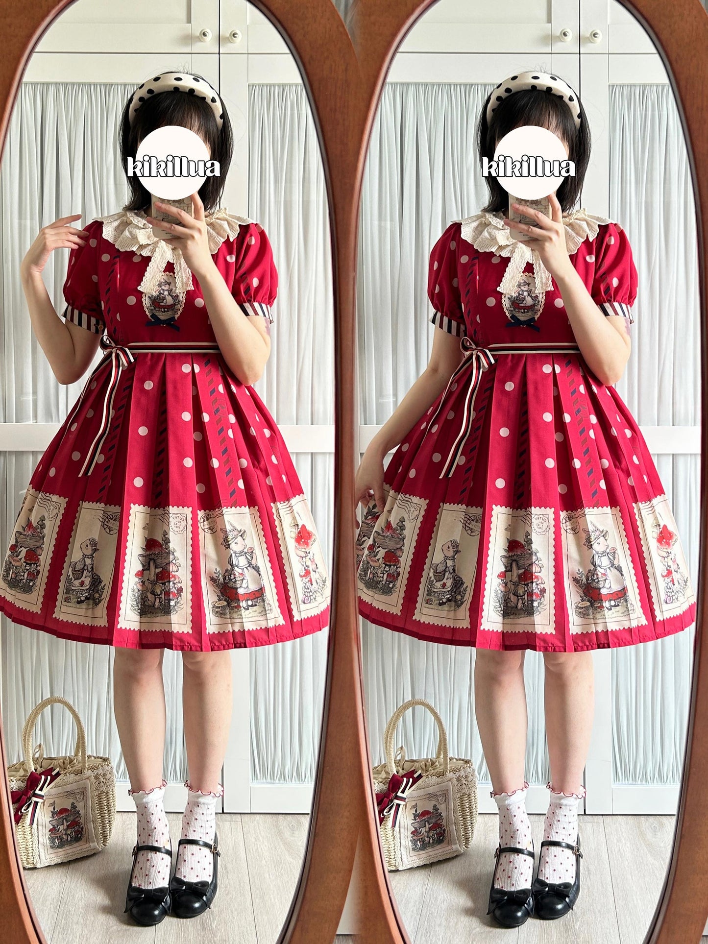 キノコとウサギの切手デザインワンピース