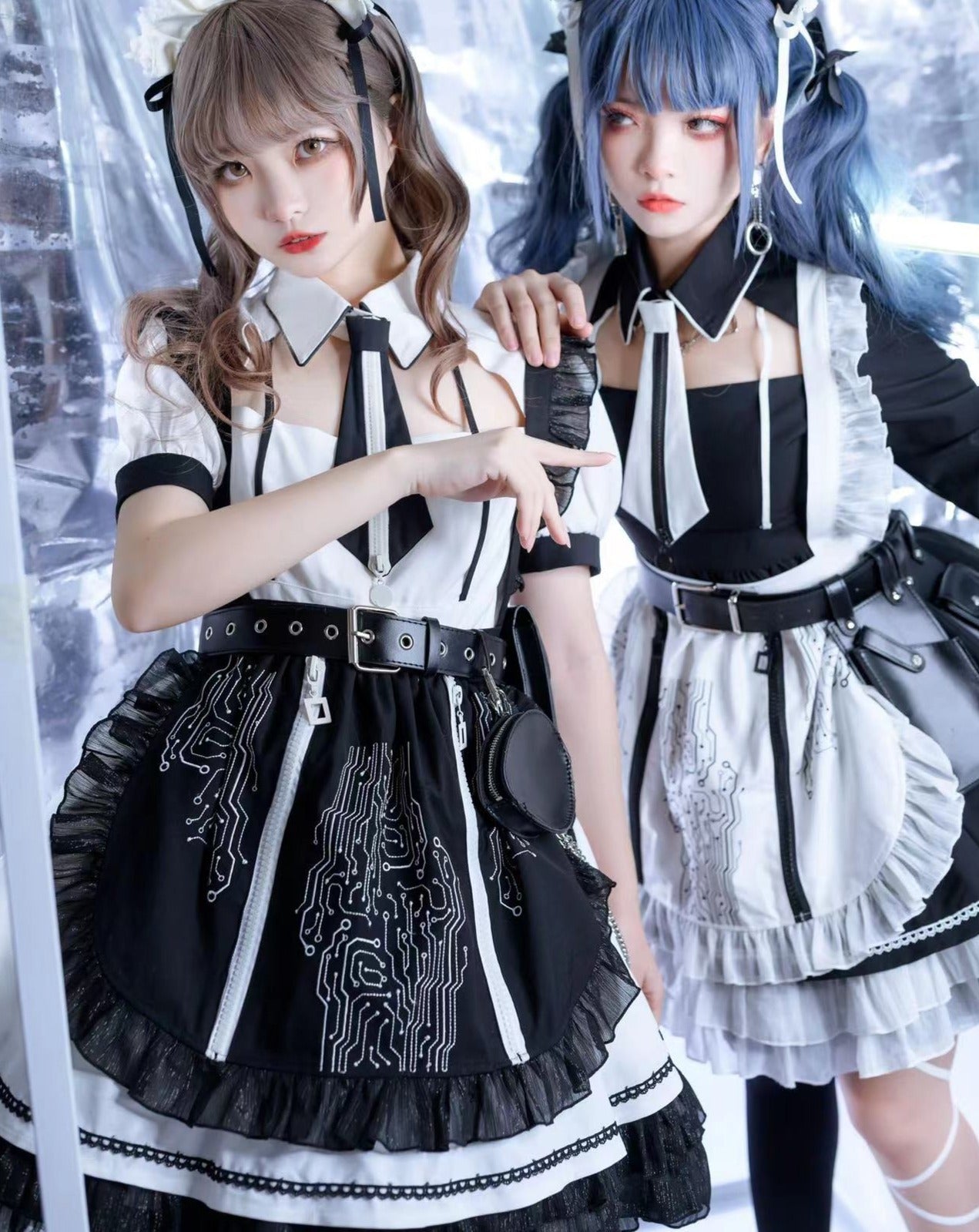 【アウトレット】SFメイド ゴスロリエプロン付き長袖ワンピース・ブラック・3XL・即納