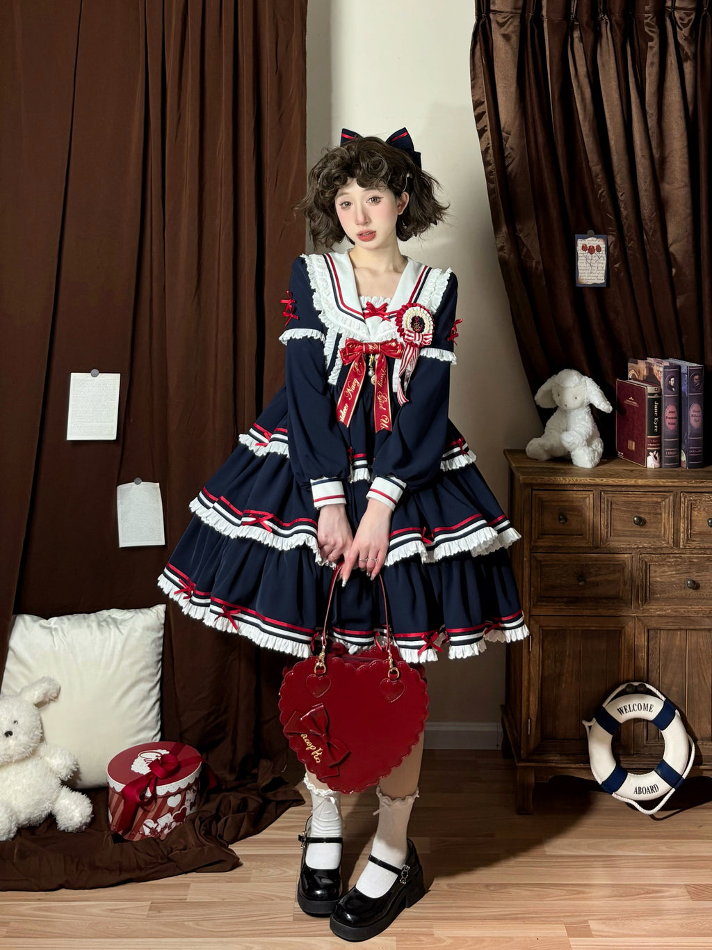 【受注予約4/28まで】セーラー襟と3段フリルの2wayマリンワンピース・ネイビー・ミドル丈