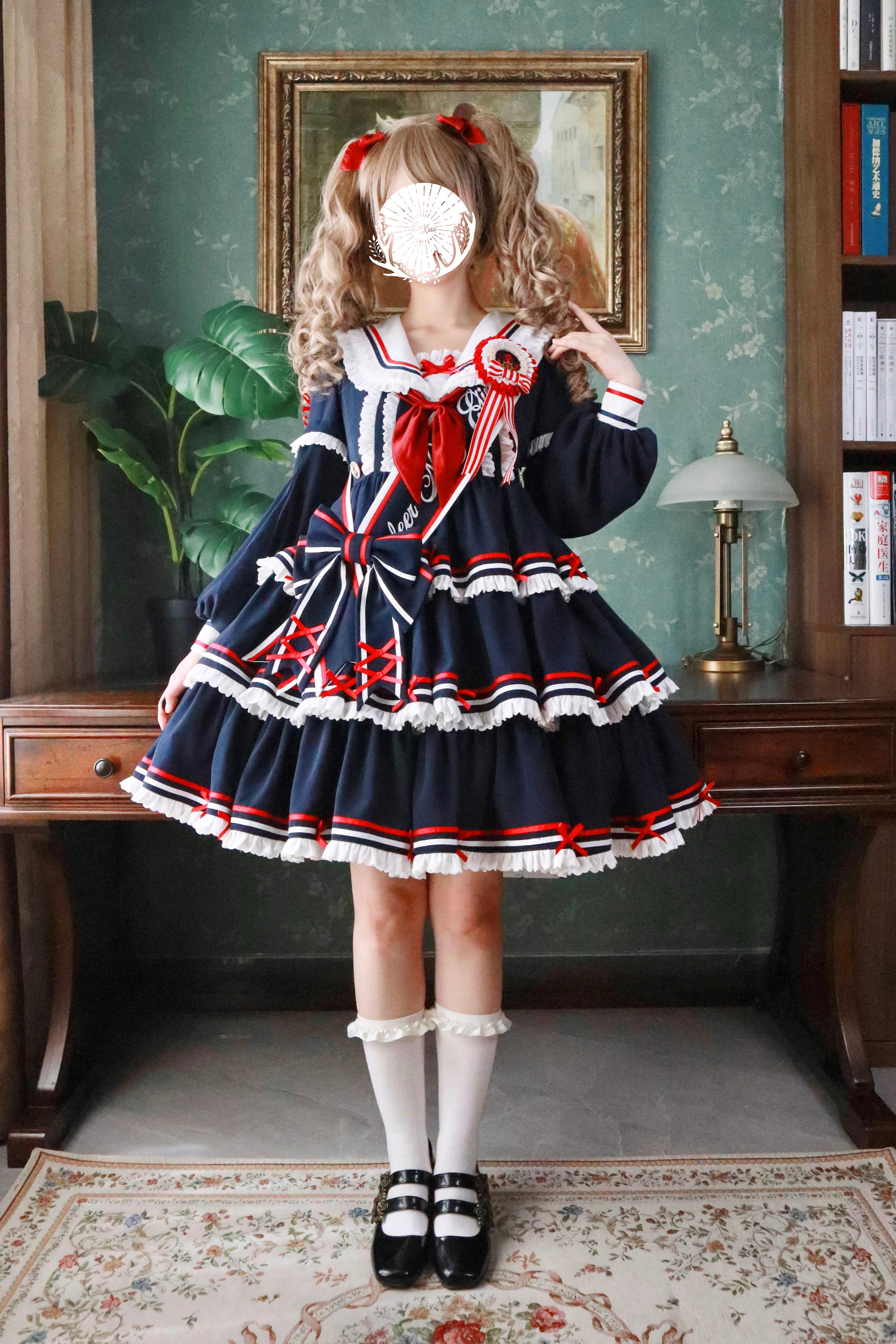 【受注予約4/28まで】セーラー襟と3段フリルの2wayマリンワンピース・ネイビー・ミドル丈