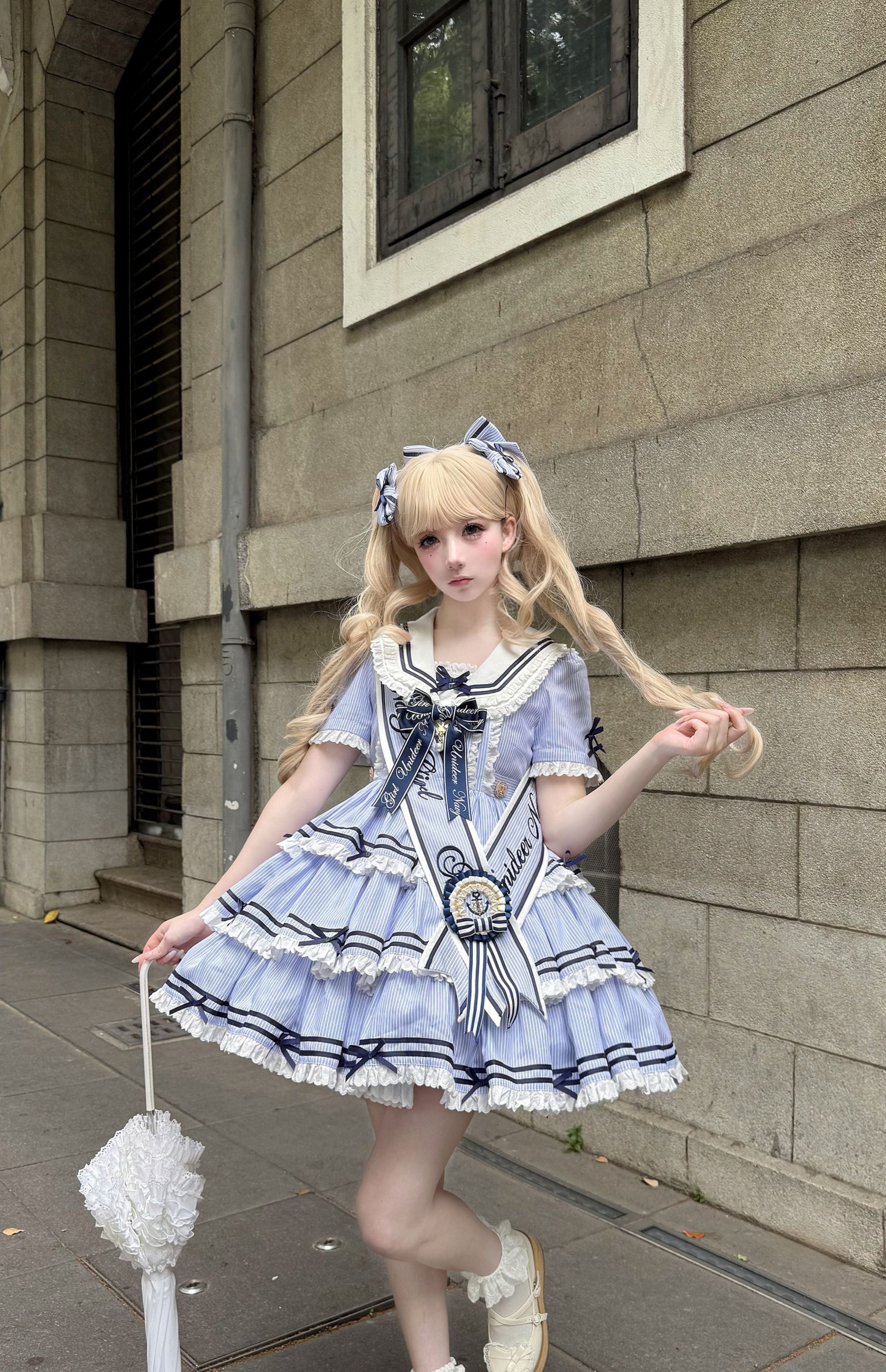 【受注予約4/28まで】セーラー襟と3段フリルの2wayマリンワンピース・ストライプ・ショート丈